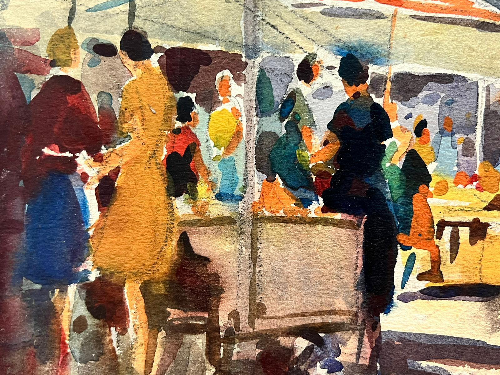 Ocupada escena de mercado y figuras Pintura impresionista británica de mediados del siglo XX - Painting Impresionista de Frank Duffield