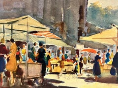 Peinture impressionniste britannique du milieu du 20e siècle - Scène de marché animée et personnages