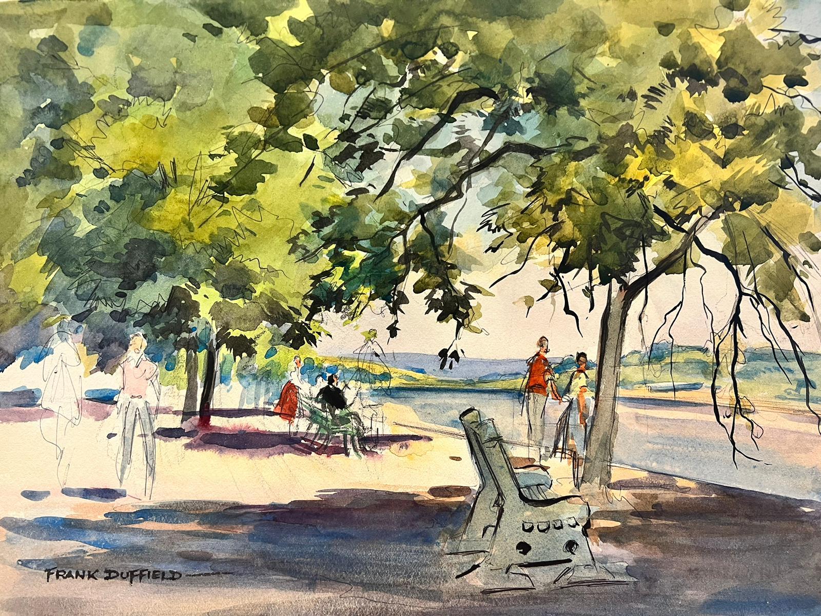 Figuras junto al río Paisaje Pintura impresionista británica de mediados del siglo XX