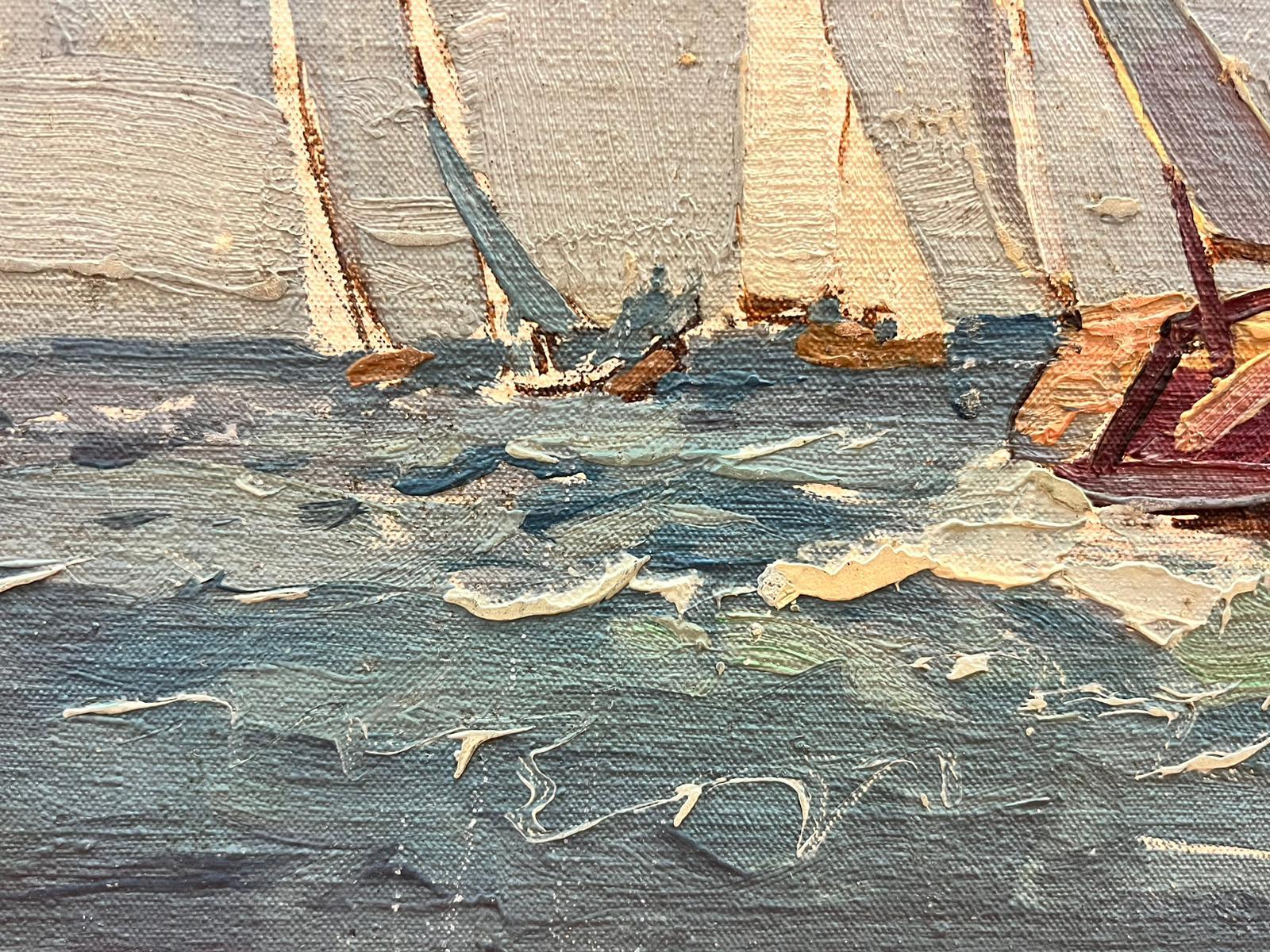 Flotilla de veleros en el mar Pintura al óleo impresionista británica de los años 50 - Painting de Frank Duffield