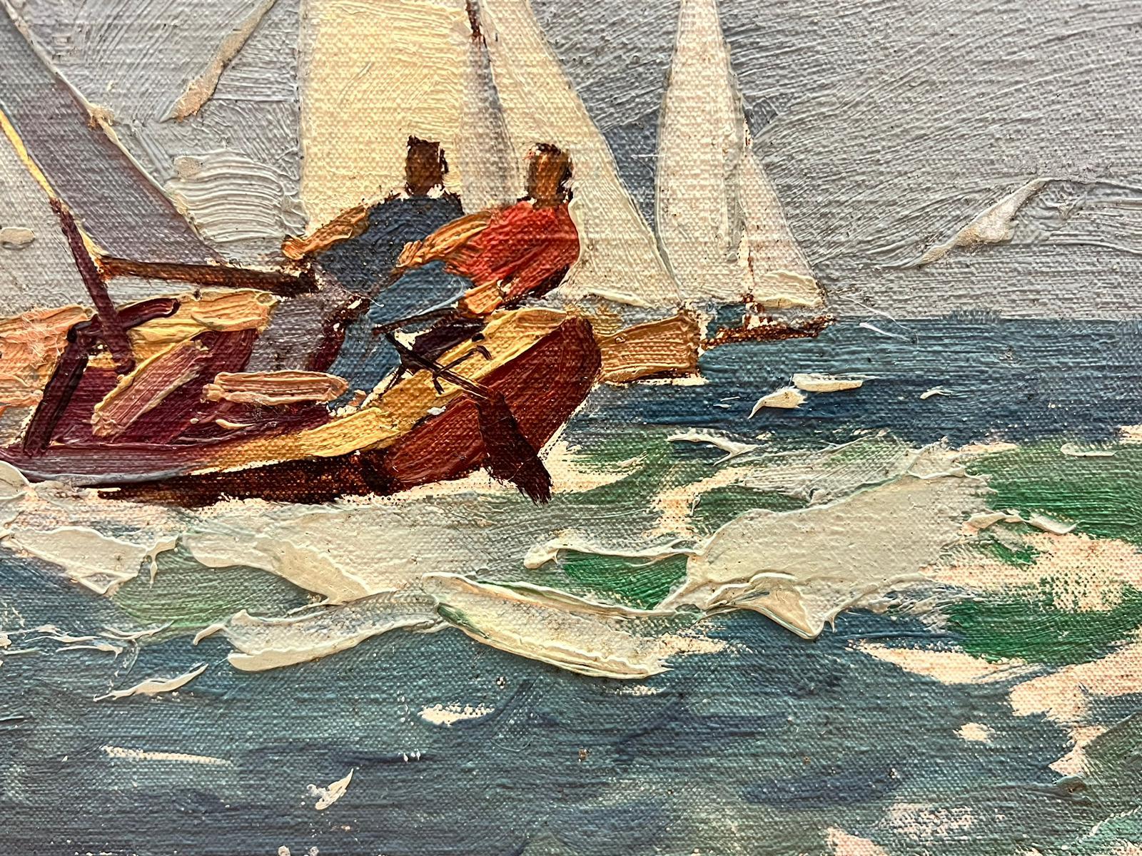 Flotilla de veleros en el mar Pintura al óleo impresionista británica de los años 50 - Painting Impresionista de Frank Duffield