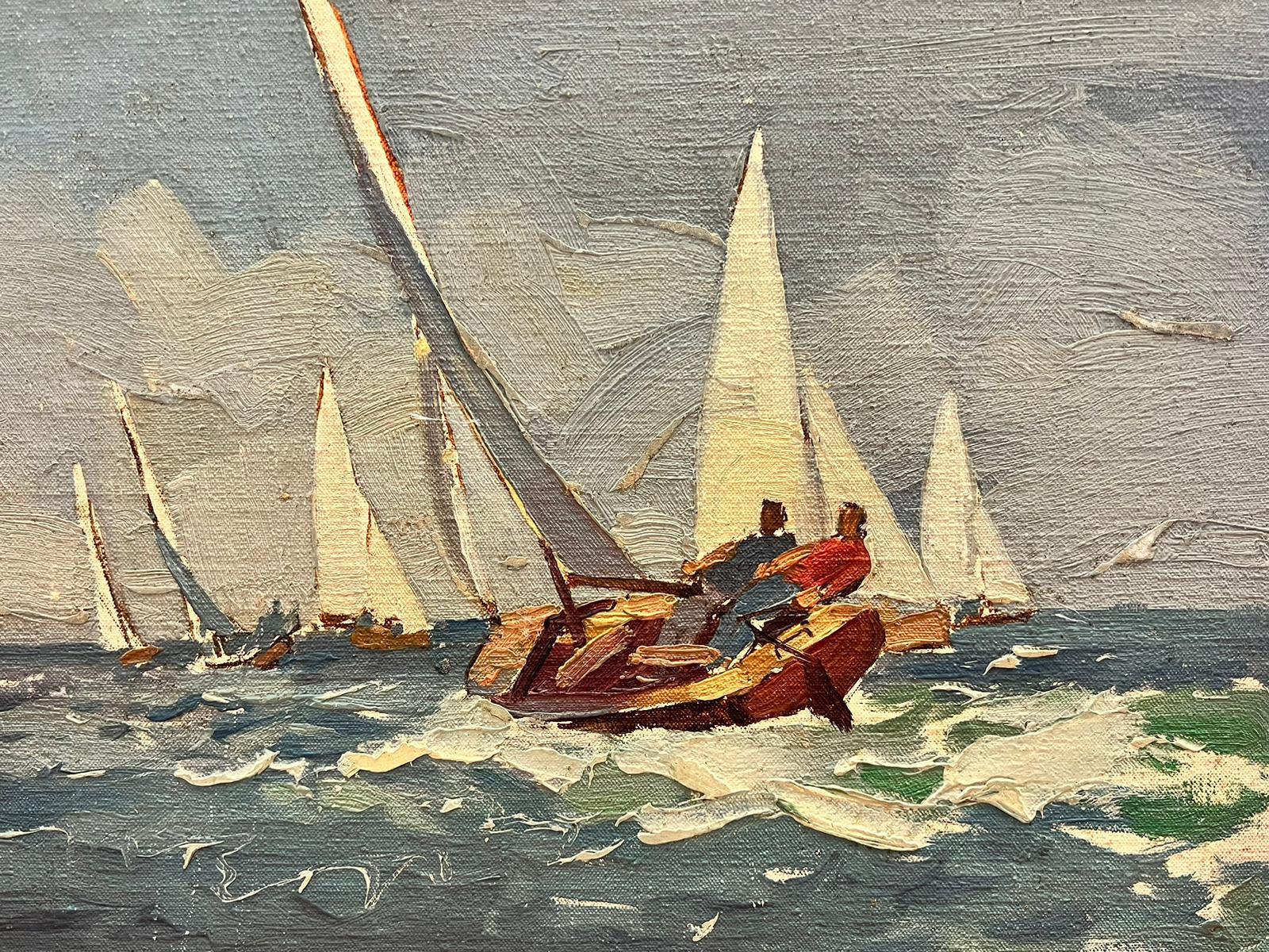 Flotilla de veleros en el mar Pintura al óleo impresionista británica de los años 50 3