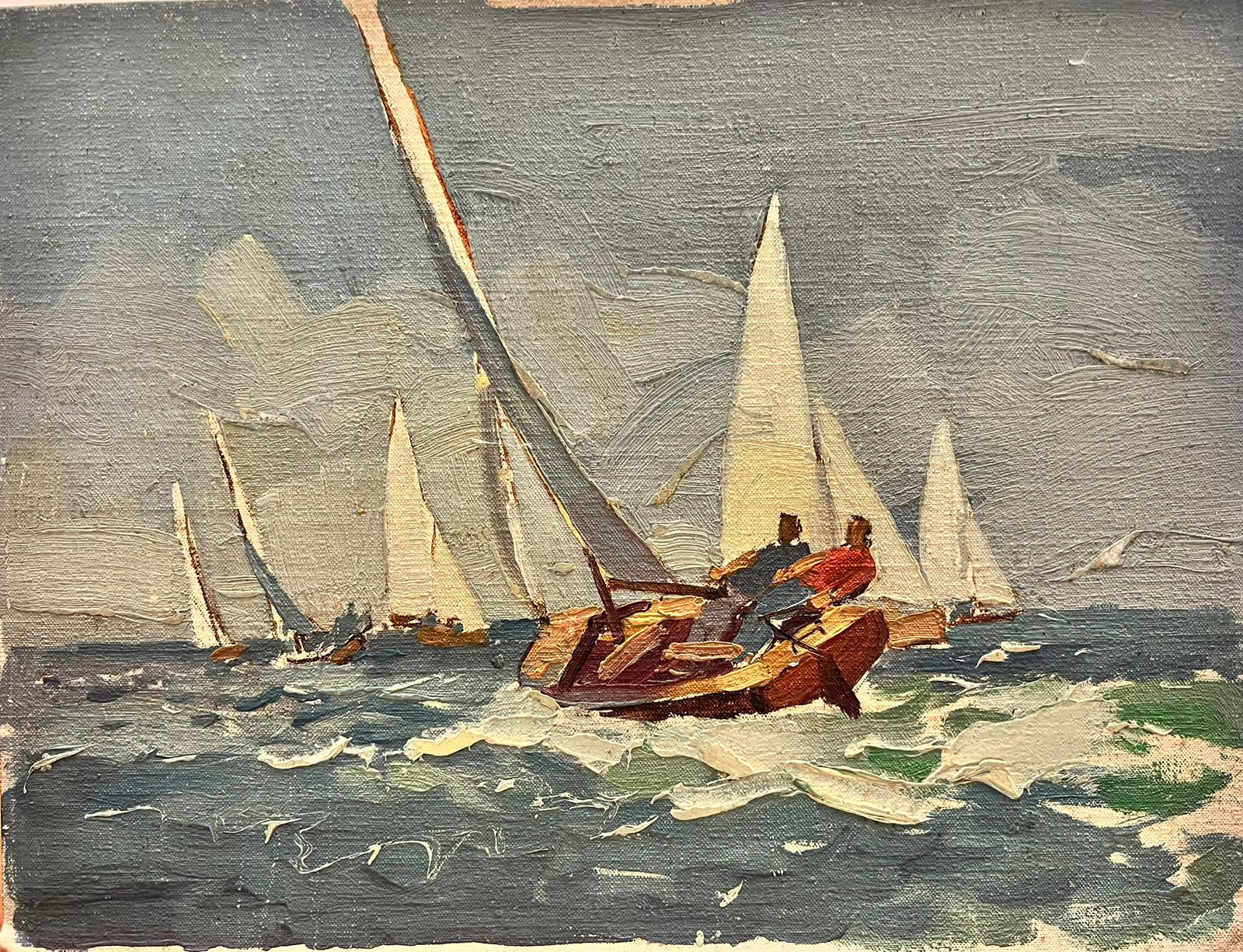 Flotilla de veleros en el mar Pintura al óleo impresionista británica de los años 50 4