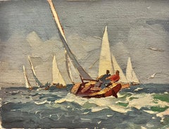 Flotilla de veleros en el mar Pintura al óleo impresionista británica de los años 50