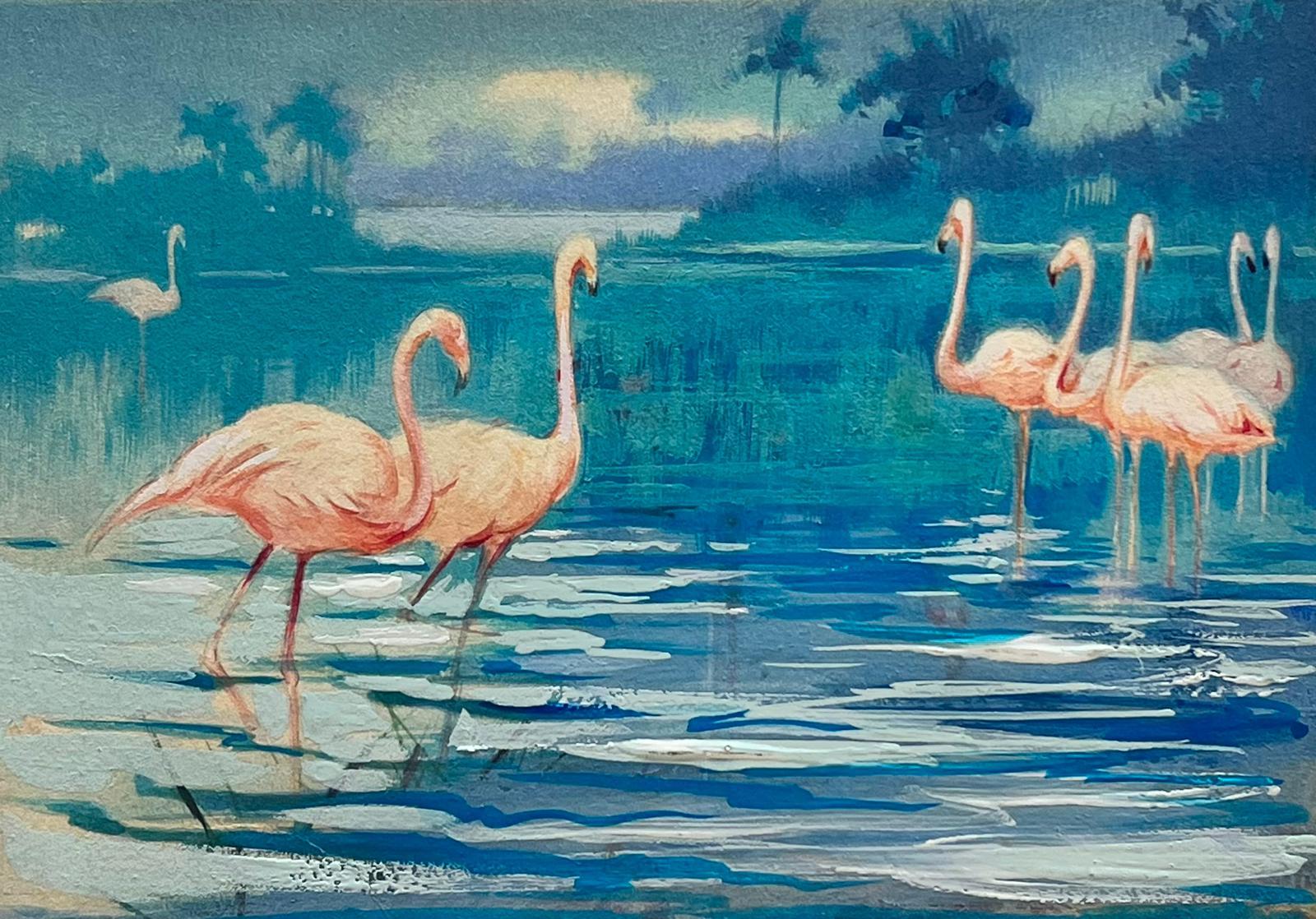 Frank Duffield Animal Art - Pink Flamingos in Lakeland British Mid 20th Century Impressionist Painting