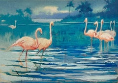 Peinture impressionniste britannique du milieu du 20e siècle - Flamingos roses dans le lac