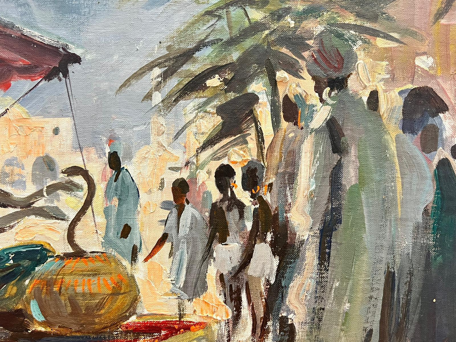 Snake Charmer Busy Market Place British Mid 20th Century Impressionist Painting For Sale 1