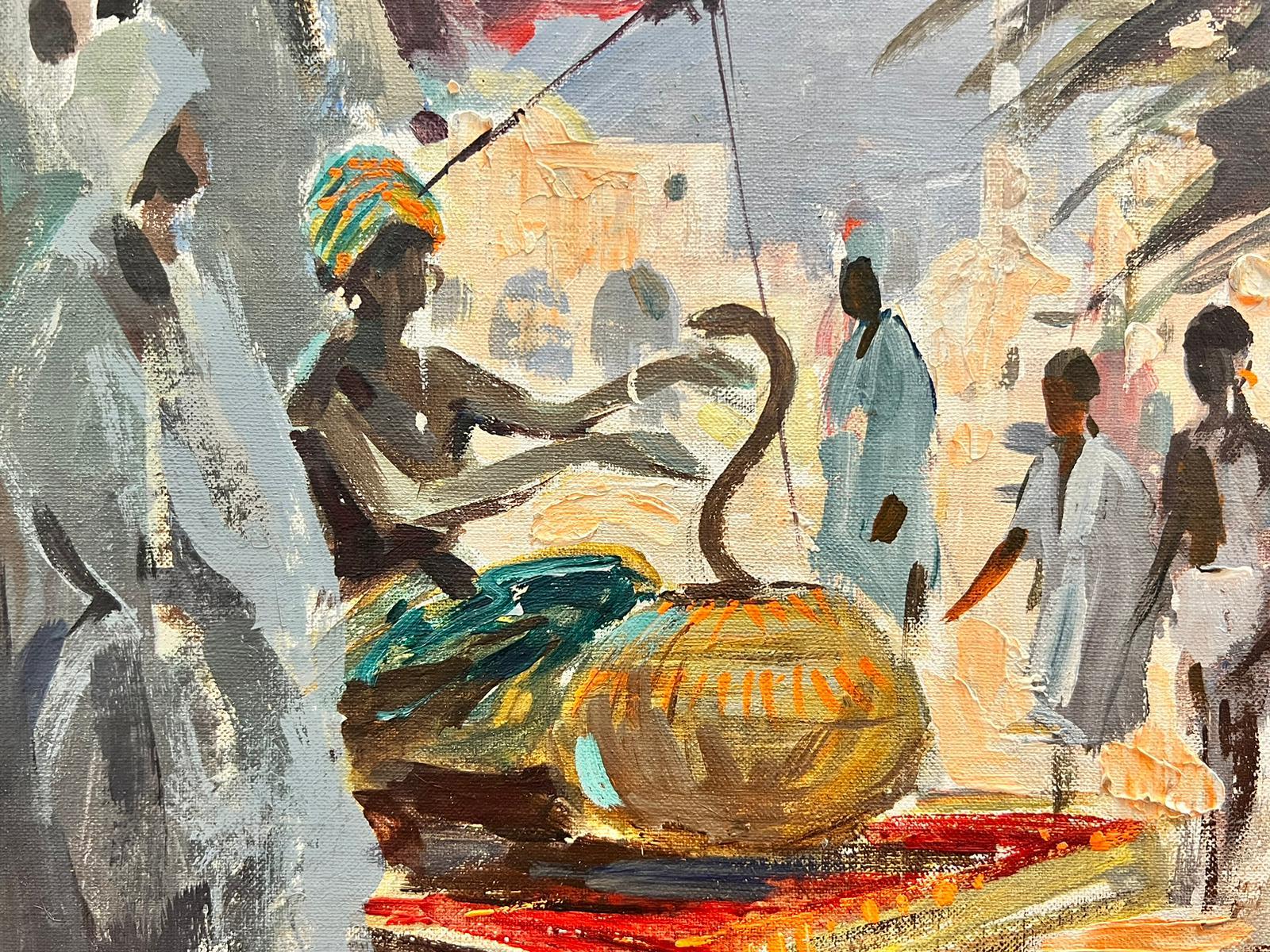 Snake Charmer Busy Market Place British Mid 20th Century Impressionist Painting For Sale 2