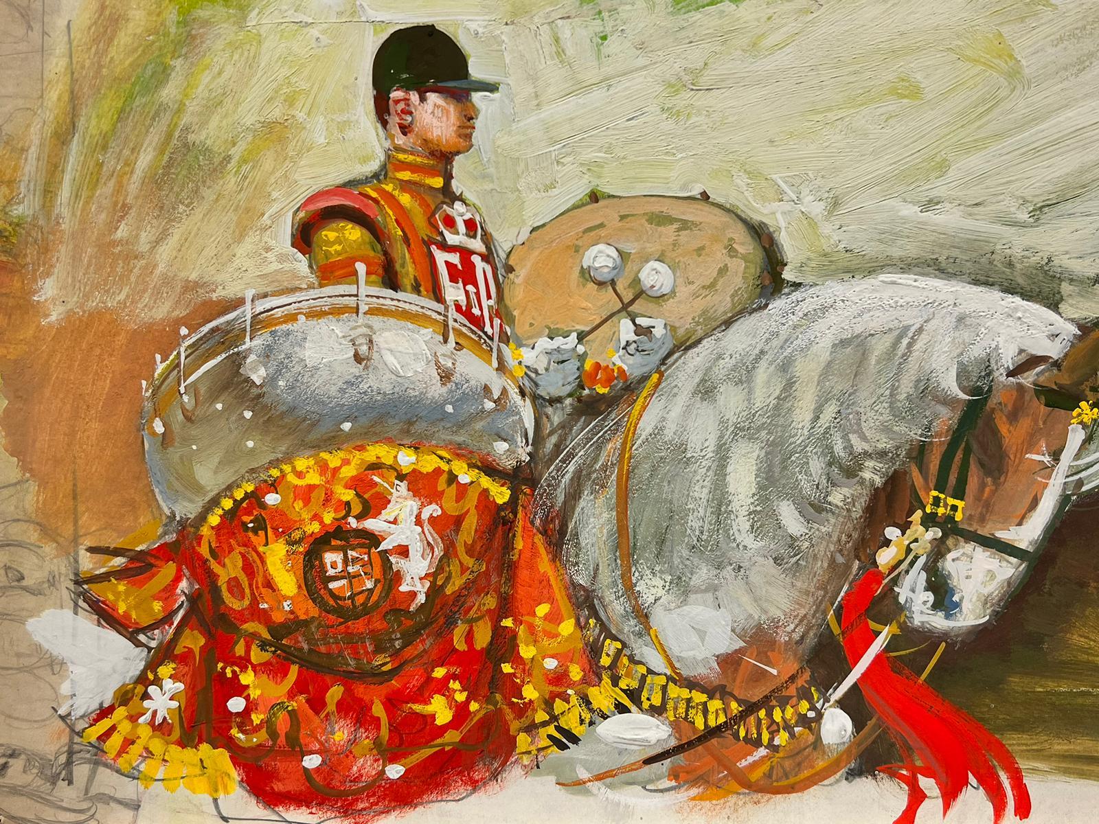 The Cavalry Drummer
(thought to be the Household Cavalry wearing the uniform of HM Queen Elizabeth II)
Frank Duffield (British, 1908-1982)
original acrylic painting on board, unframed
size: 11 x 16 inches
condition: overall very good, minor wear to