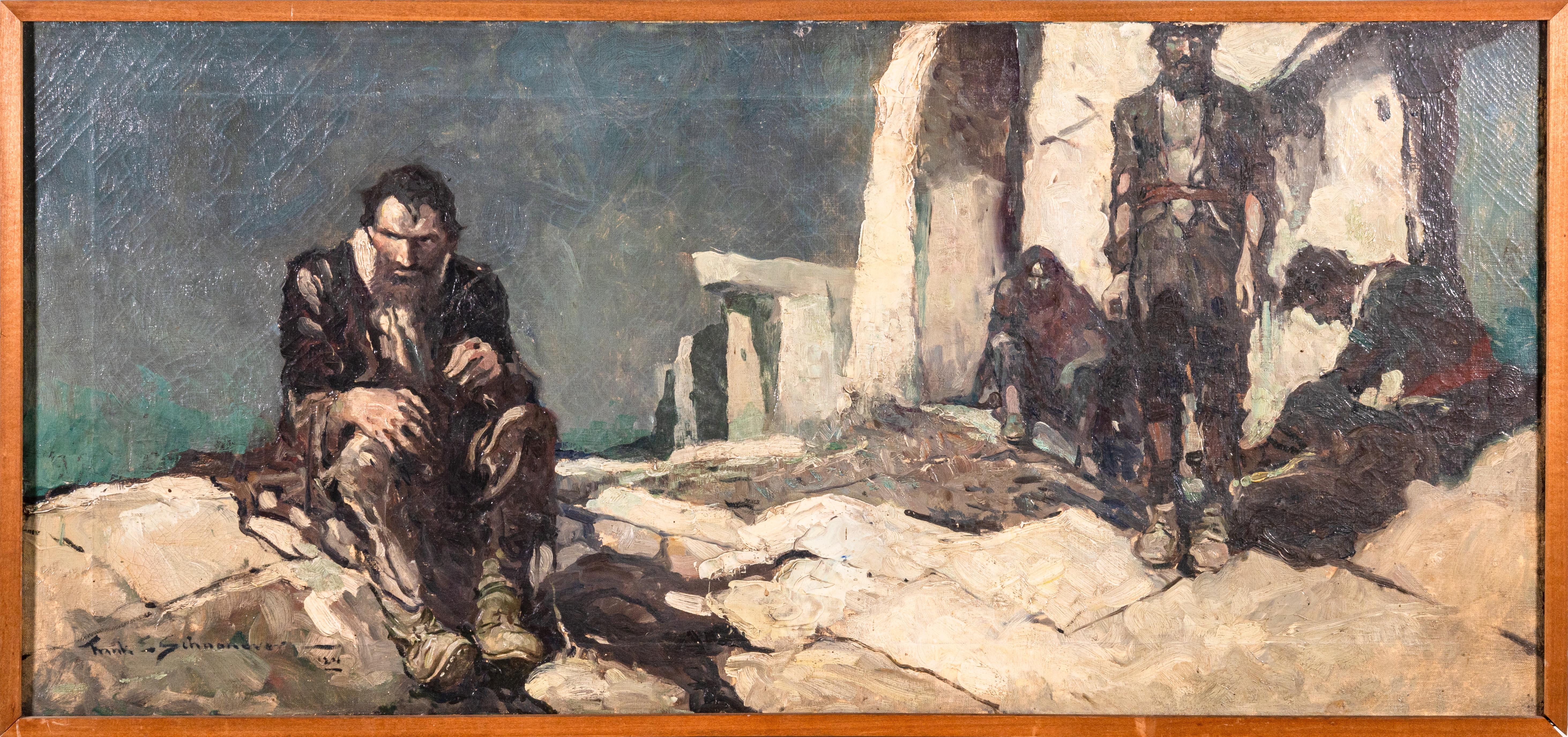 An early and rare oil painting on cotton canvas titled “The Four Witch Men” by Brandywine School American Illustrator, Frank Earle Schoonover. Signed and dated 1924, bottom right. Dated July 1924 and titled on verso: “Heading for – The Witch Men of