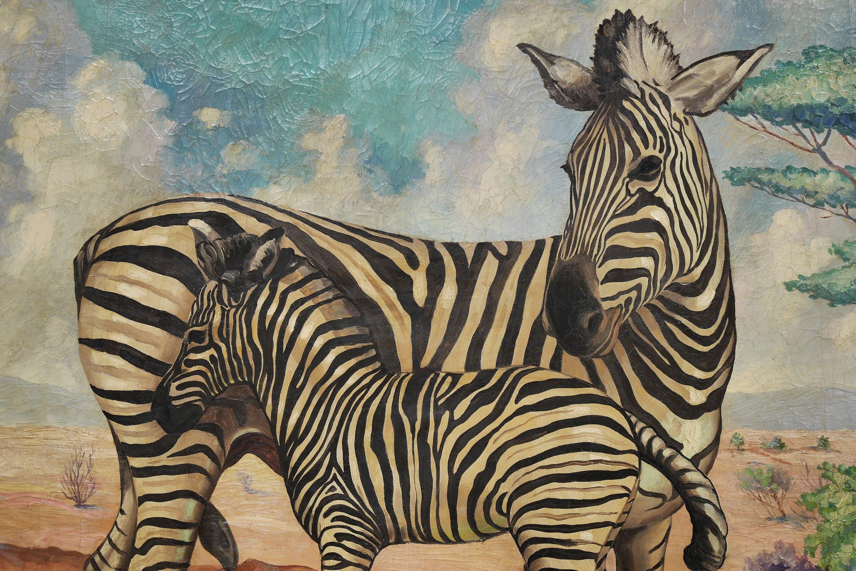 Monumental Painting of a Zebra and Her Foal, Vibrant Landscape, 20th c. Artist - Black Landscape Painting by Frank Eggleston