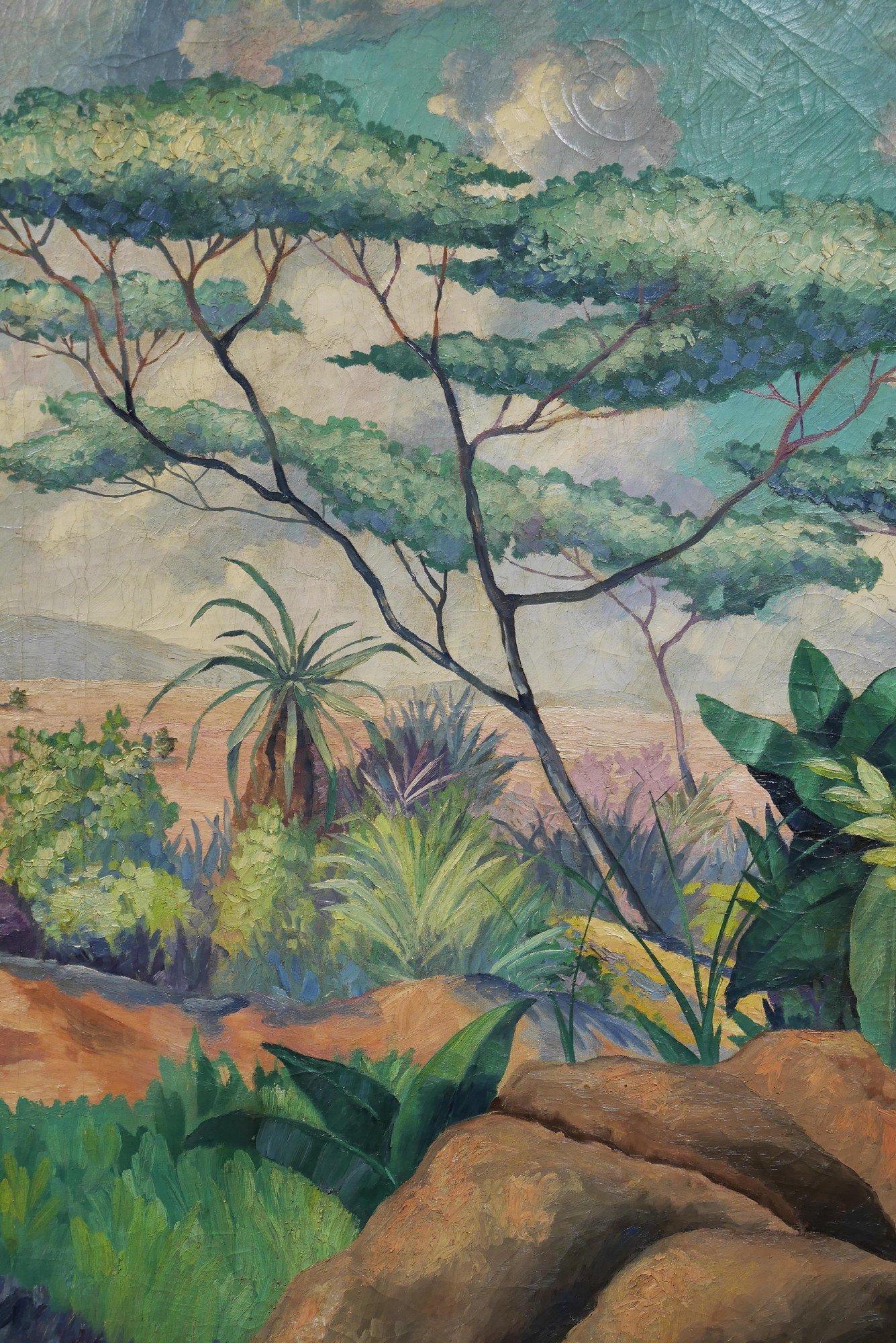 Monumental Painting of a Zebra and Her Foal, Vibrant Landscape, 20th c. Artist For Sale 1