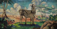 Monumental Painting of a Zebra and Her Foal, Vibrant Landscape, 20th c. Artist