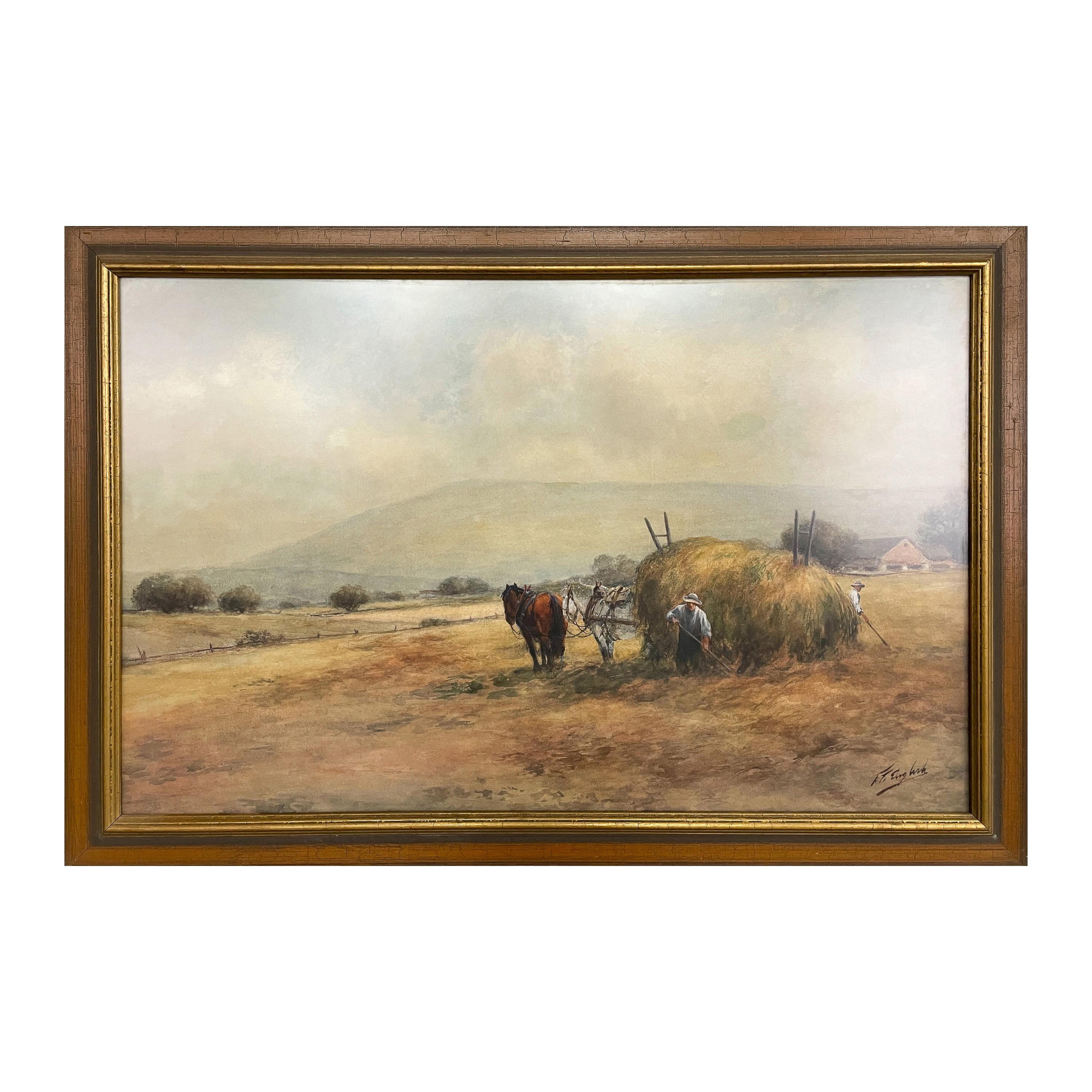 Ancienne aquarelle américaine Bucks County Pennslyvania Horses Farm 1910 - Painting de Frank F. English