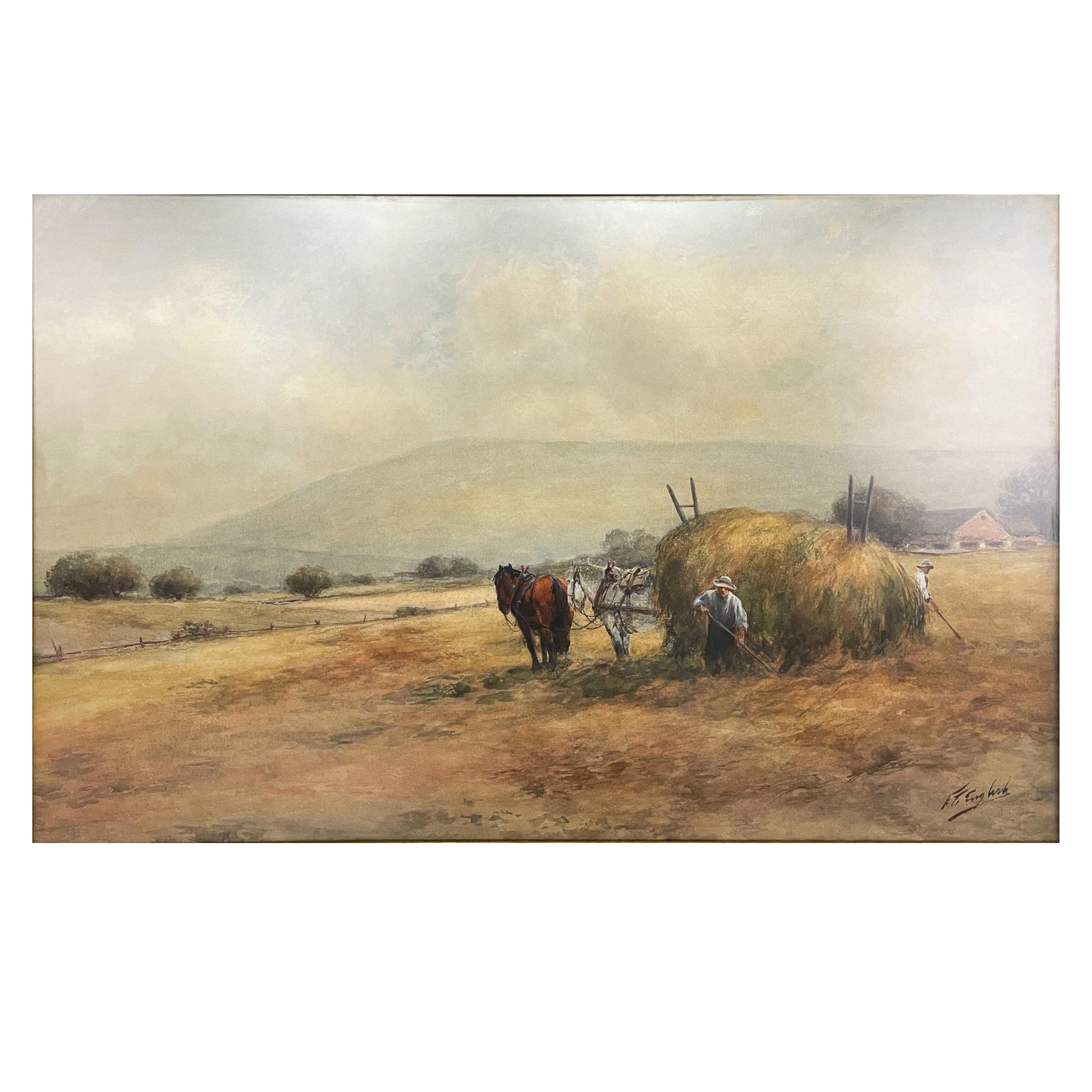 Ancienne aquarelle américaine Bucks County Pennslyvania Horses Farm 1910 - Réalisme américain Painting par Frank F. English