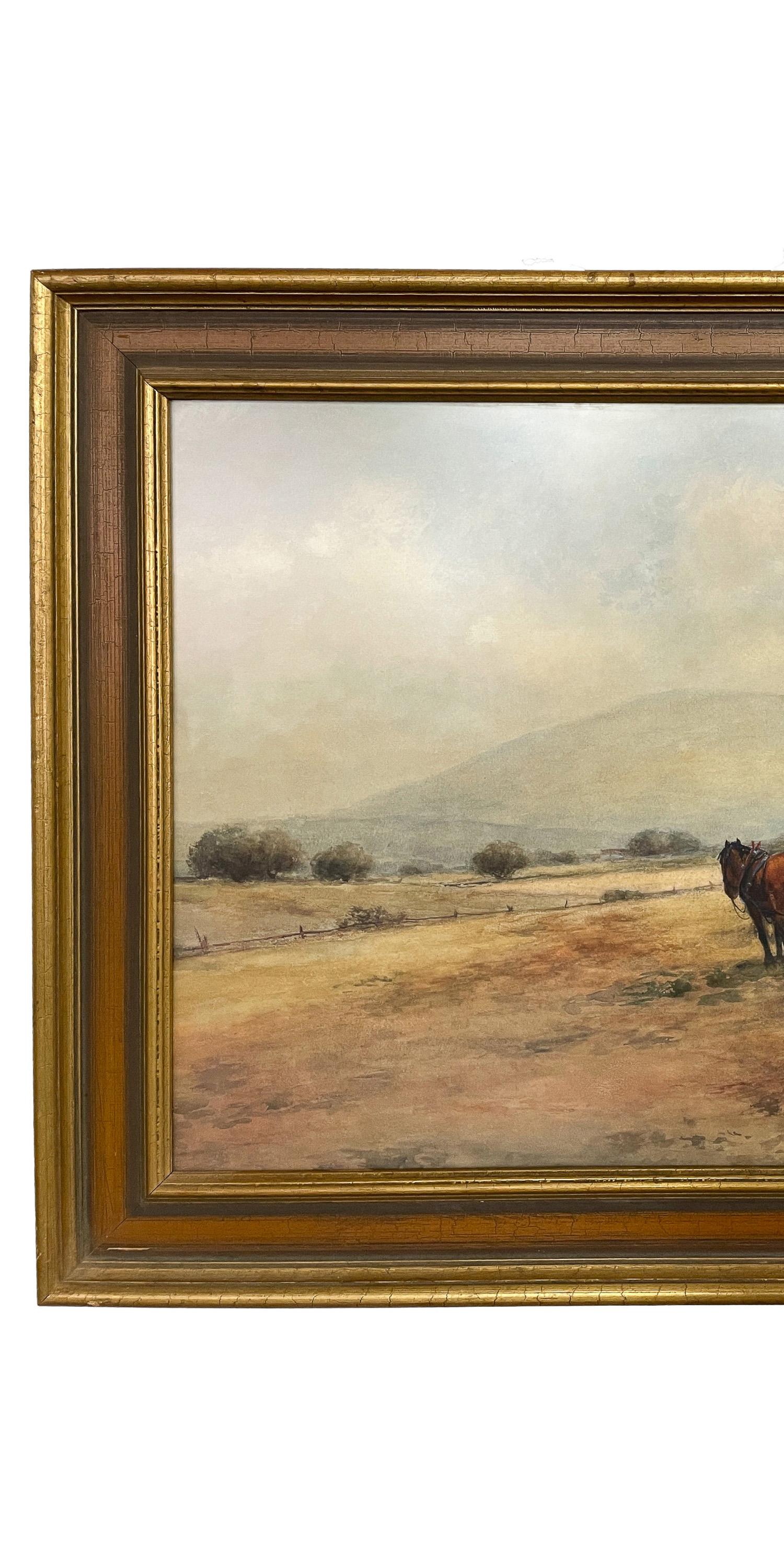 Ancienne aquarelle américaine Bucks County Pennslyvania Horses Farm 1910 - Marron Landscape Painting par Frank F. English