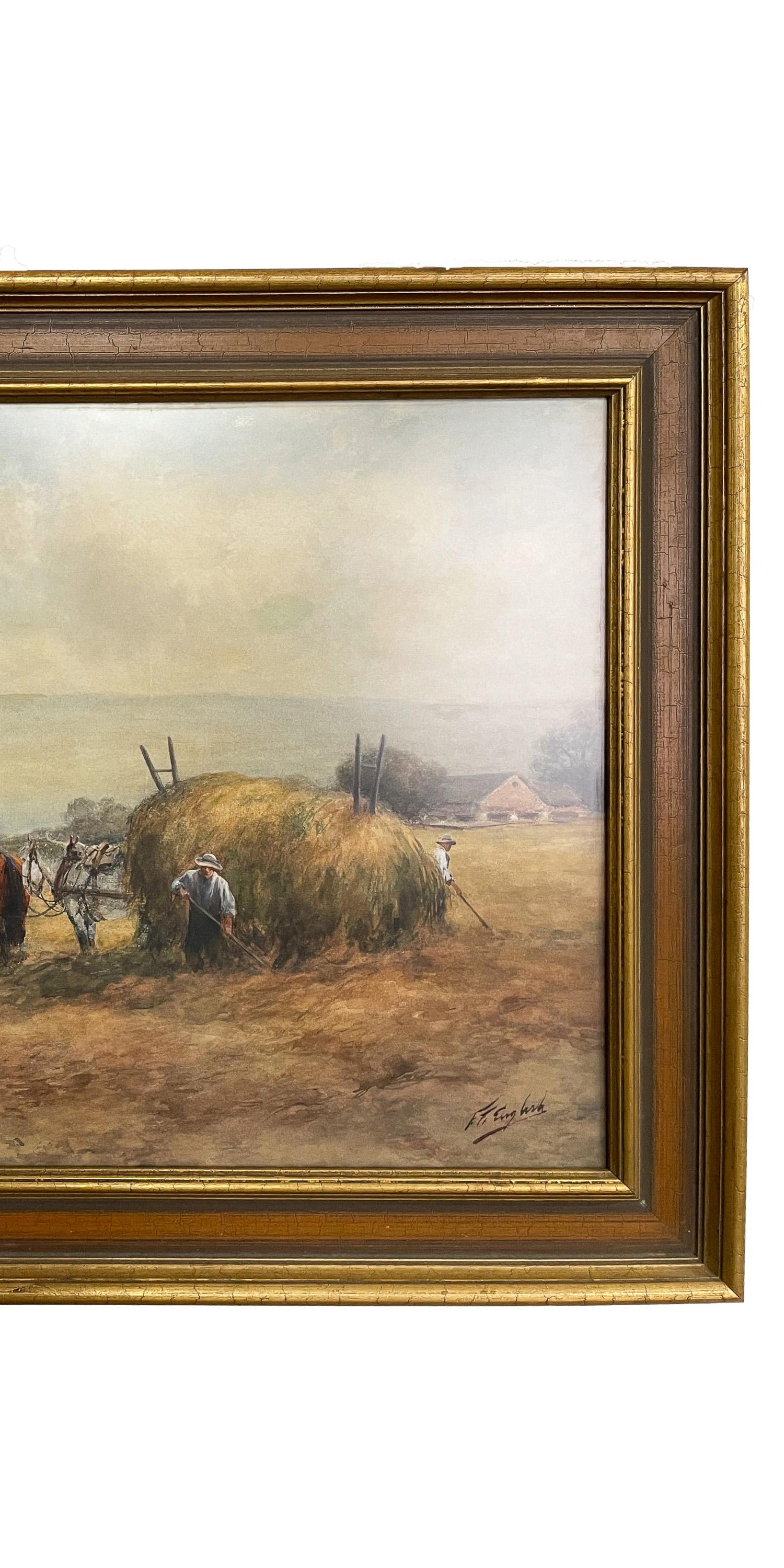 Ancienne aquarelle américaine, Scène de ferme bucolique par Frank F. English (1854 - 1922), Bucks County, Pennsylvanie, Circa 1910.
Une très belle peinture du célèbre artiste pennsylvanien Frank F. English, située à Point Pleasant, dans le comté de