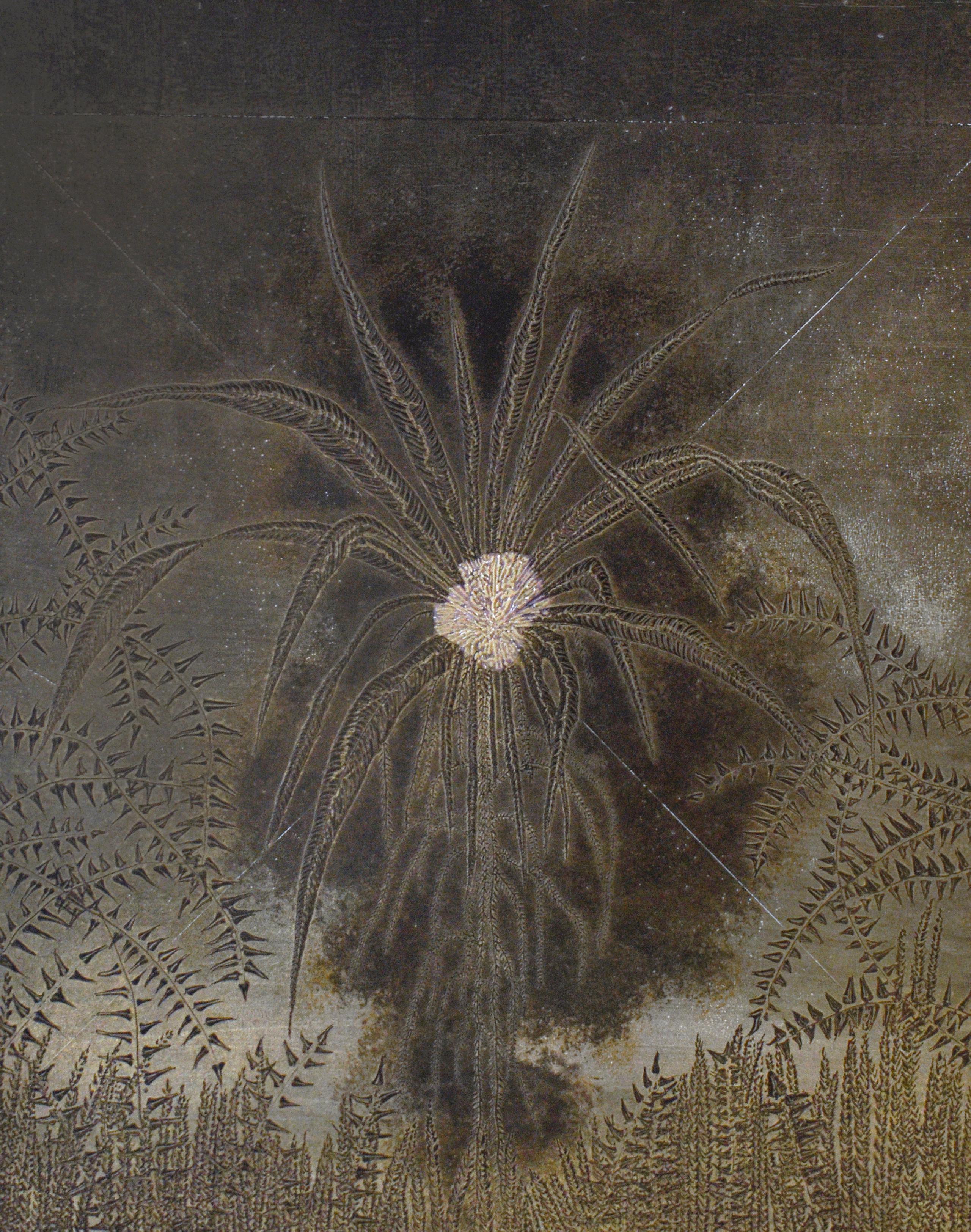 Flora III : Paysage abstrait minimaliste de feuilles d'argent foncé et de bronze