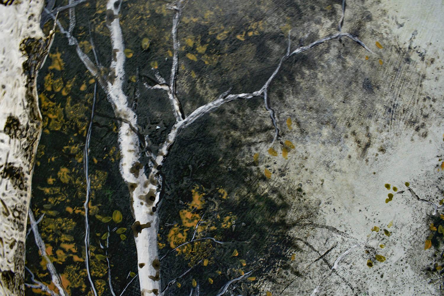 Birch Grove on the Hudson I: Landscape Painting on Panel of White Birch Forest - Black Still-Life Painting by Frank Faulkner