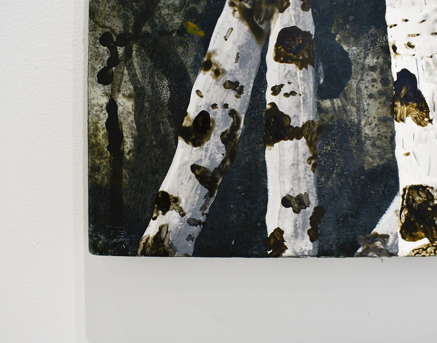 Contemporary, romantic style landscape painting of a white birch forest and blue sky
