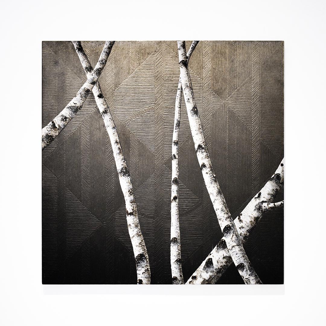 Peinture contemporaine minimaliste « Birches I » avec branches d'arbres sur noir - Noir Still-Life Painting par Frank Faulkner