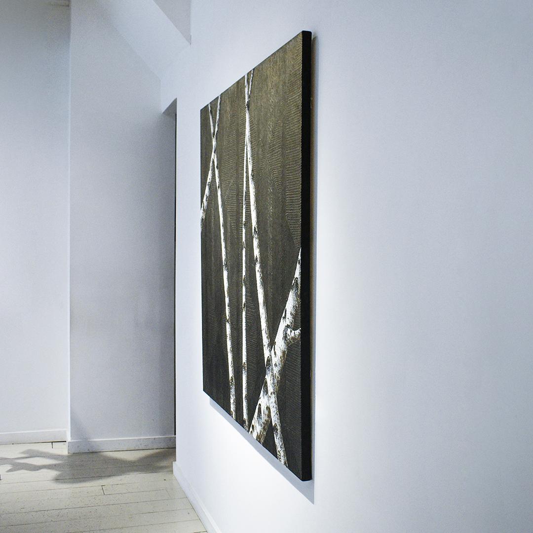 Peinture contemporaine minimaliste « Birches I » avec branches d'arbres sur noir en vente 2
