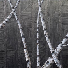 Birches I: Contemporary Minimalist Painting with Tree Branches on Black