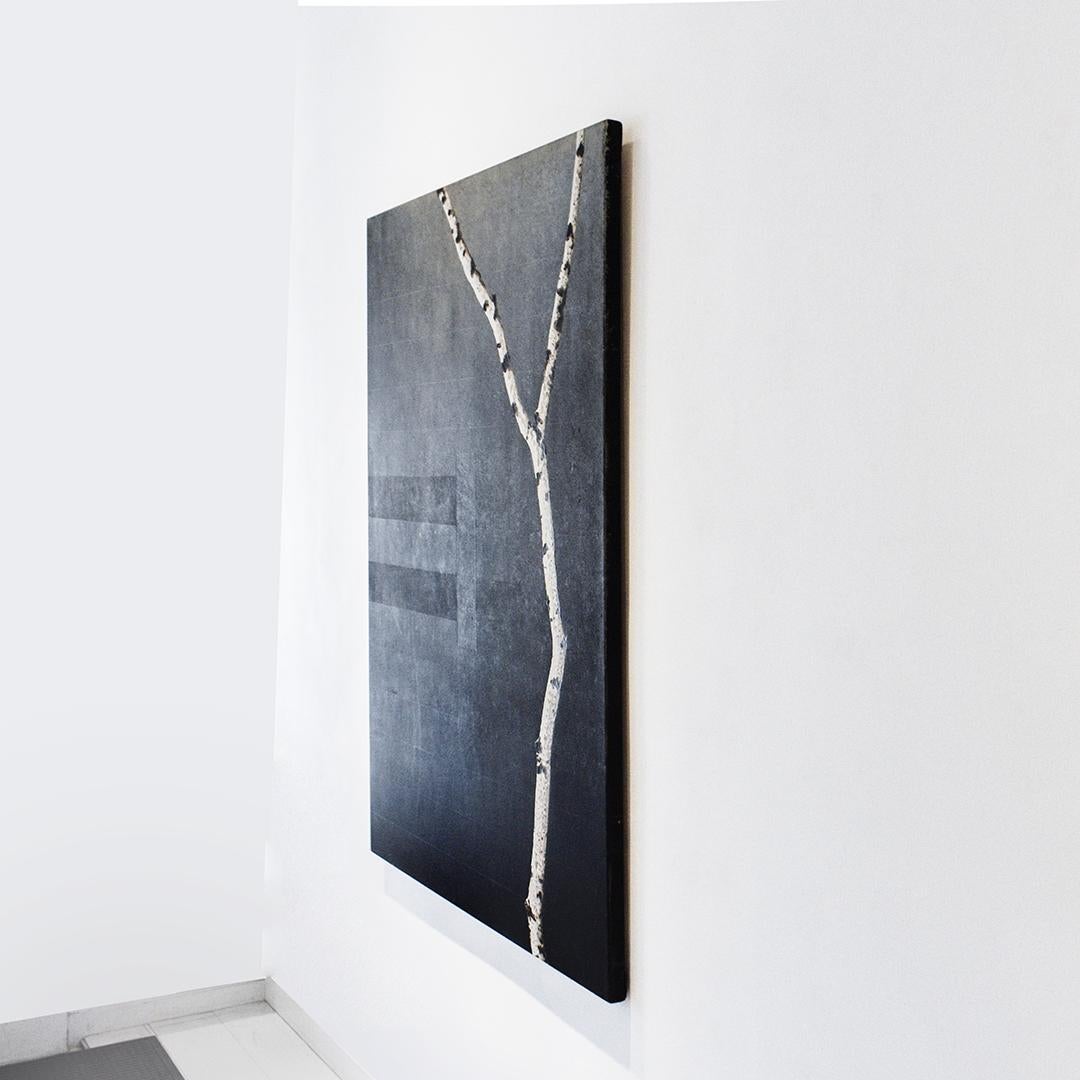 Birches II: Contemporary Minimalist Painting w/ Single Birch Branch - Black Landscape Painting by Frank Faulkner