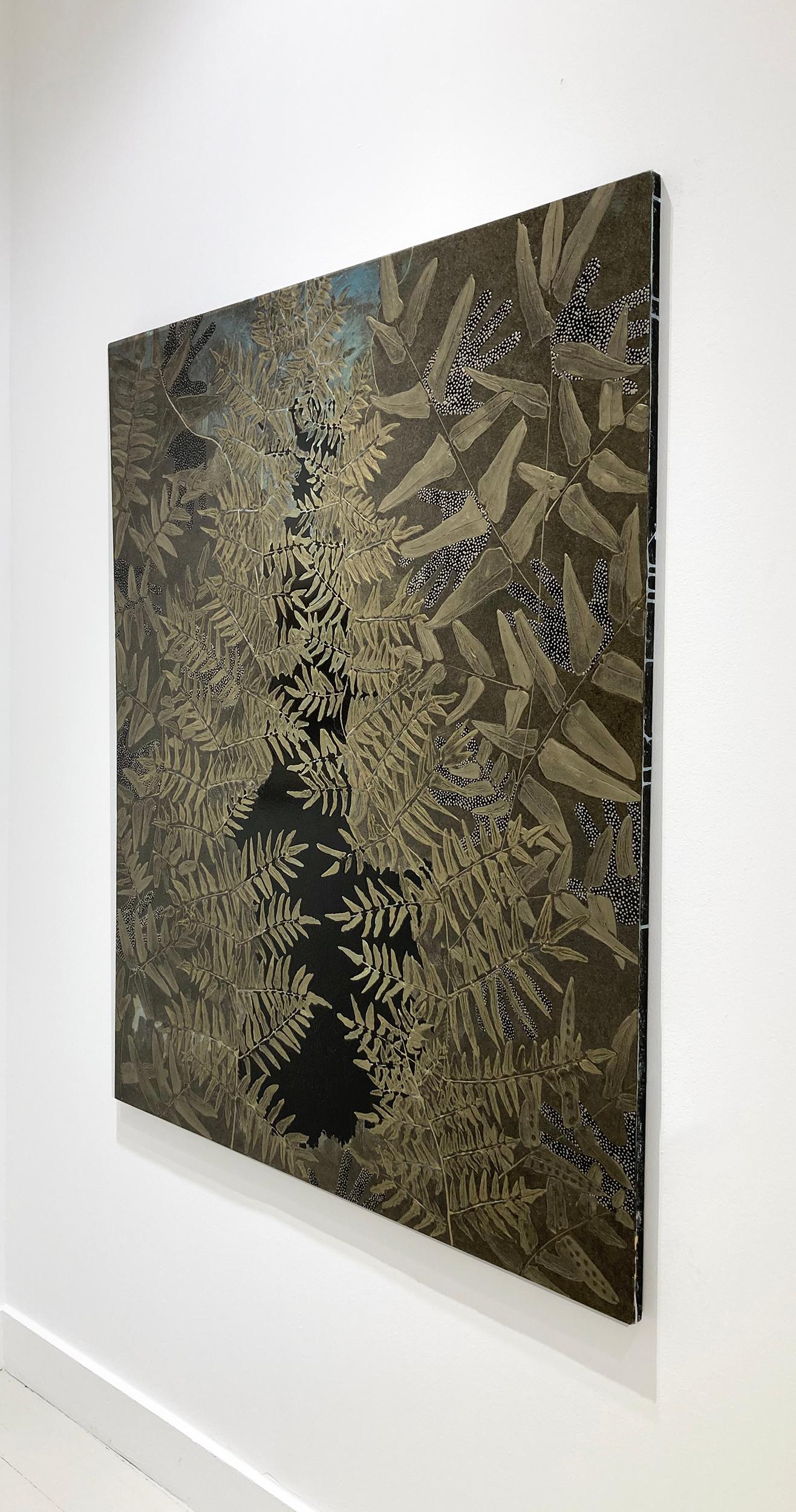 Abstract landscape of fern leaves in a dense forest painted in dark gold and bronze against black and muted turquoise 
