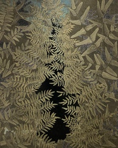 Chasm : Peinture de paysage abstrait de feuilles d'or et de bronze sur noir