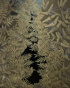 Chasm : Peinture de paysage abstrait de feuilles d'or et de bronze sur noir 