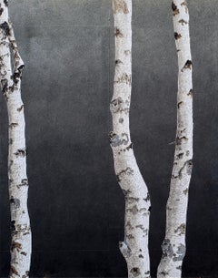 Birches III : peinture contemporaine minimaliste de bouleaux élancés