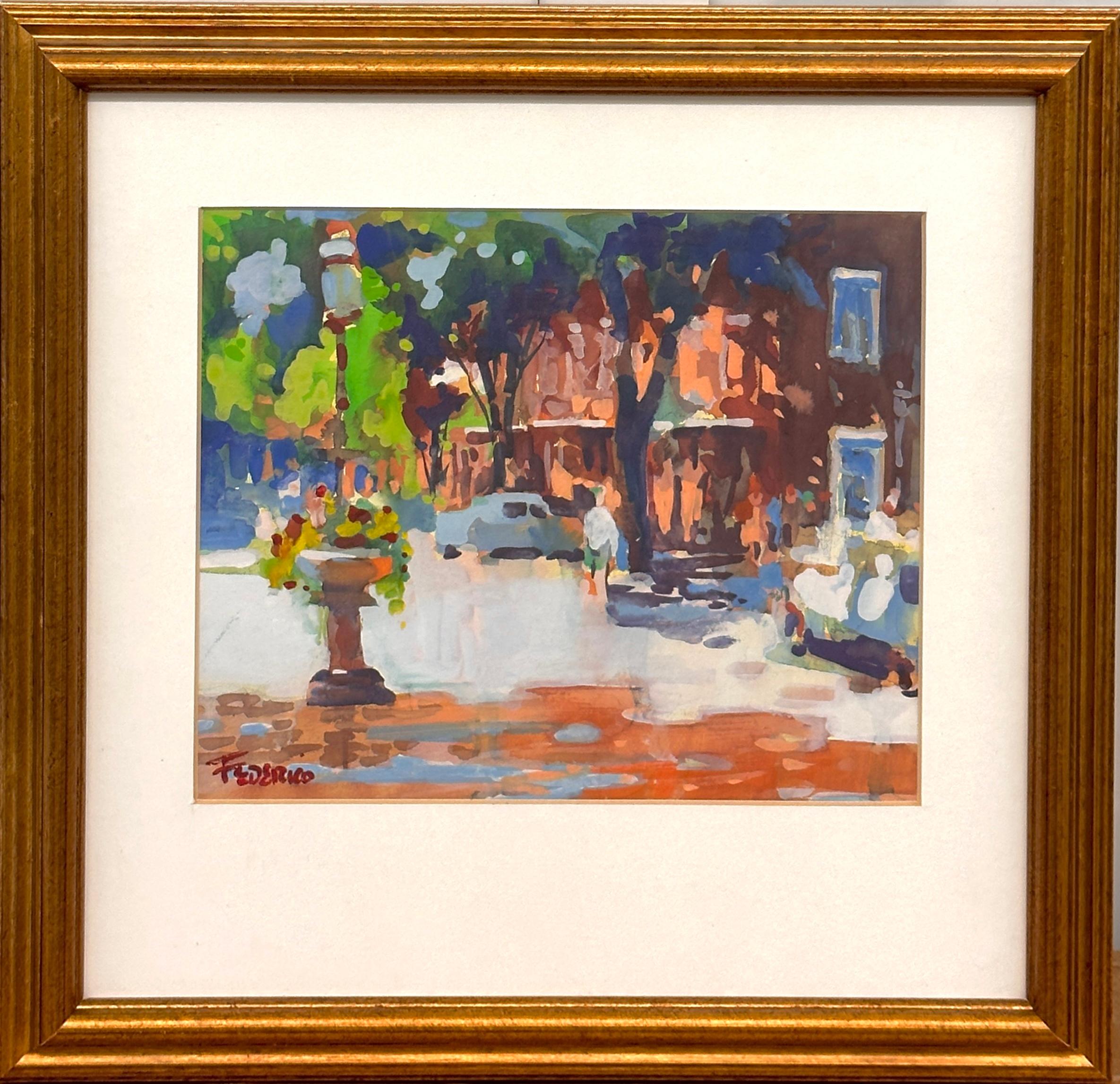 Nantucket Street, gouache su carta dell'artista quotato, scena di strada soleggiata e colorata - Painting di Frank Federico 