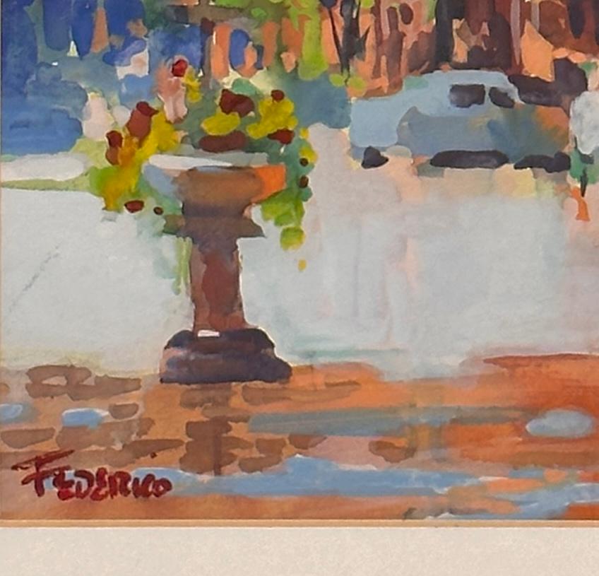 Un dipinto a guazzo luminoso e solare di una scena di strada di Nantucket, realizzato da un artista molto conosciuto e apprezzato.  L'immagine del dipinto misura 7 pollici x 8,5 pollici - con il bordo di carta, l'opaco e la cornice misura circa