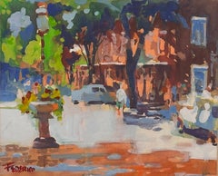 Nantucket Street, gouache by listed artist on paper, sunny colorful street scene