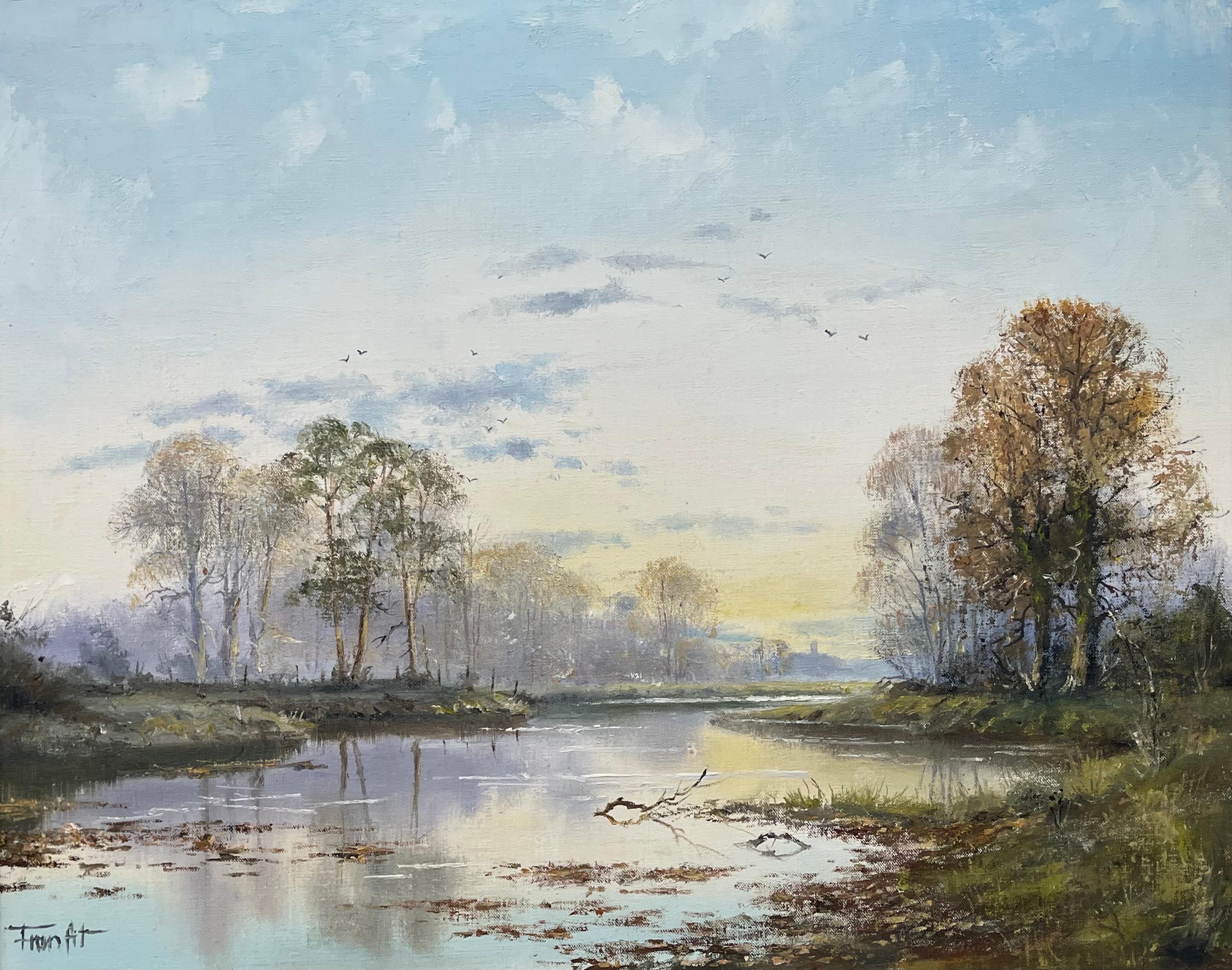 Idyllic River Landscape at Sunset in Ireland by Contemporary Irish Artist, Frank Fitzsimons 

Art measures 20 x 16 inches
Frame measure 23 x 19 inches 

Frank Fitzsimons was born in Antrim but grew up in Bangor, Co Down in the 1930’s. Fitzsimons
