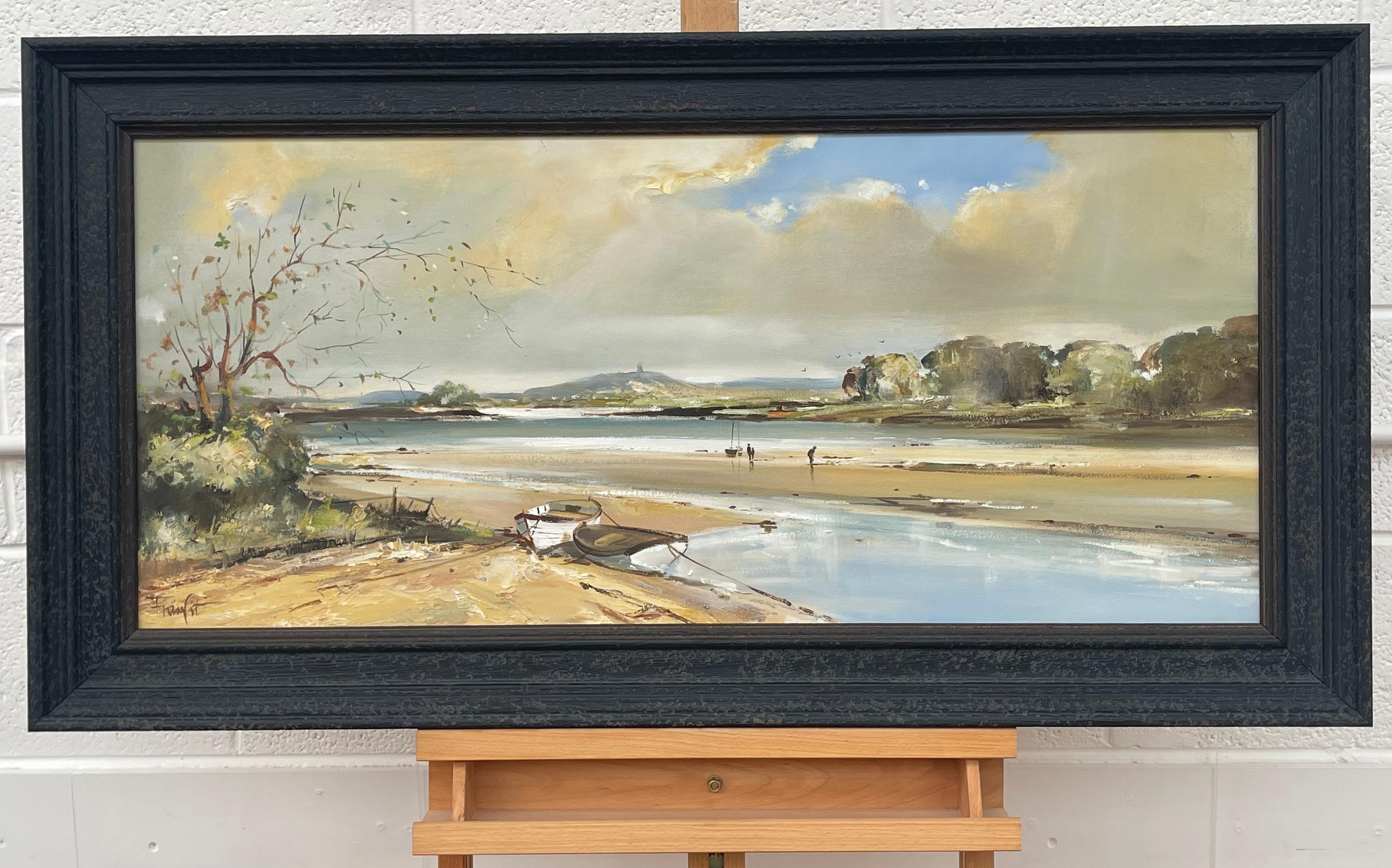 Paysage marin d'Irlande avec bateaux et personnages par un artiste irlandais contemporain - Post-impressionnisme Painting par Frank Fitzsimons