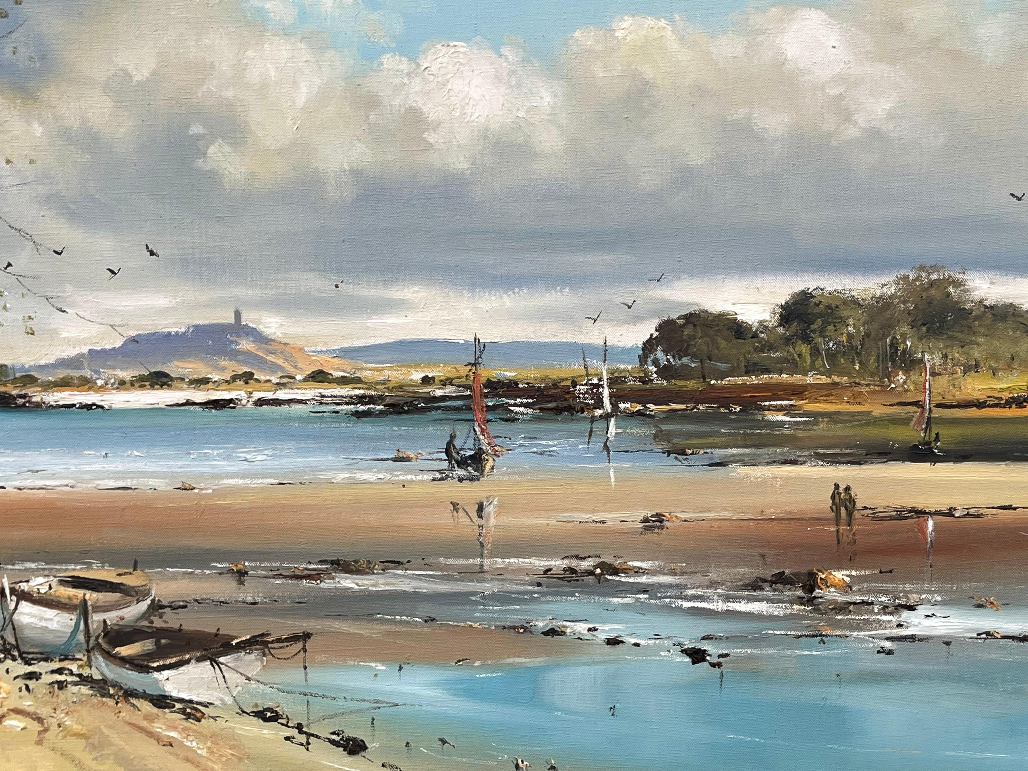 Paysage marin d'Irlande avec bateaux et personnages par l'artiste irlandais contemporain Frank Fitzsimons 

L'œuvre d'art mesure 36 x 16 pouces
Le cadre mesure 40 x 20 pouces 

Frank Fitzsimons est né à Antrim mais a grandi à Bangor, Co Down, dans