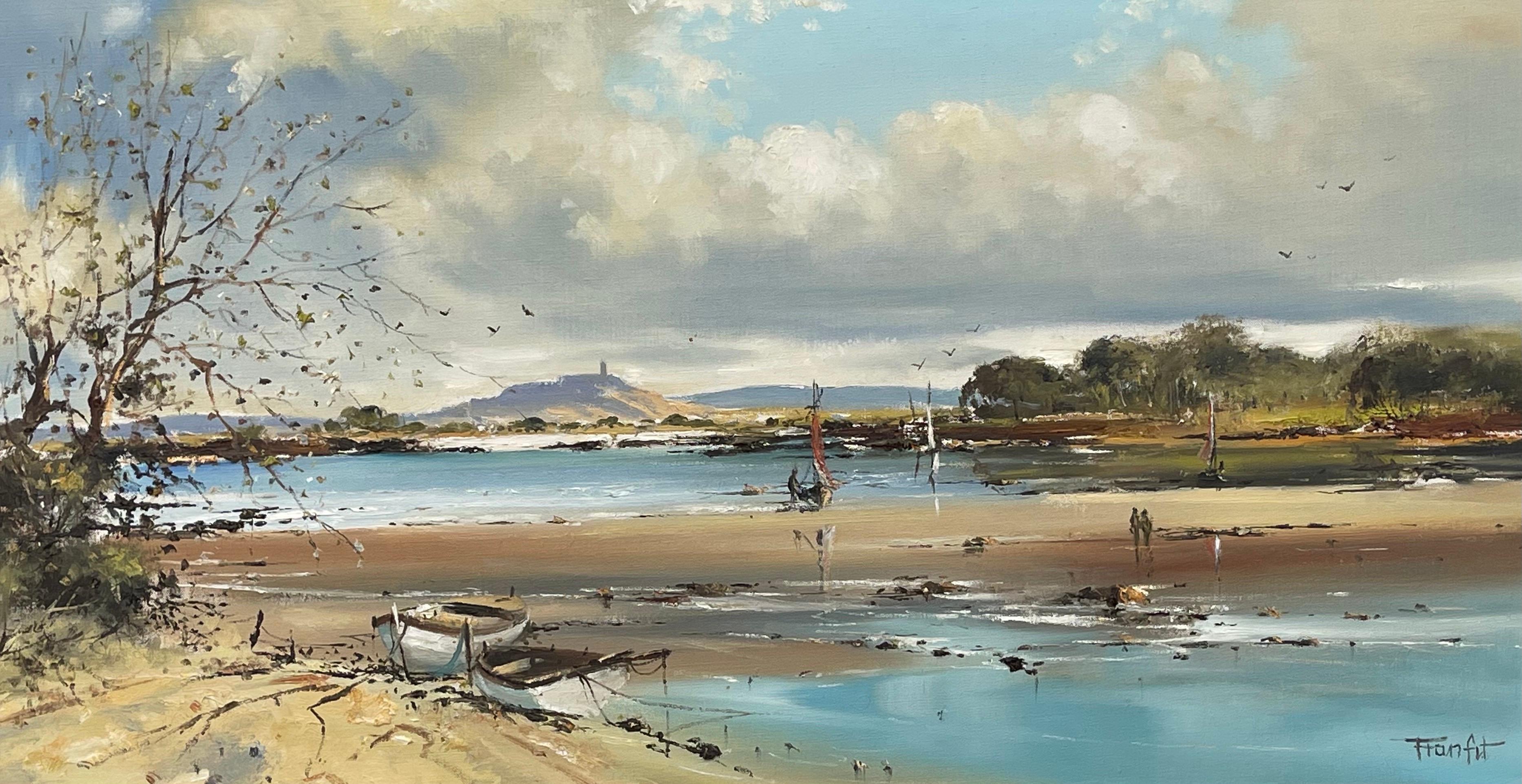Paysage marin d'Irlande avec bateaux et personnages par un artiste irlandais contemporain en vente 1