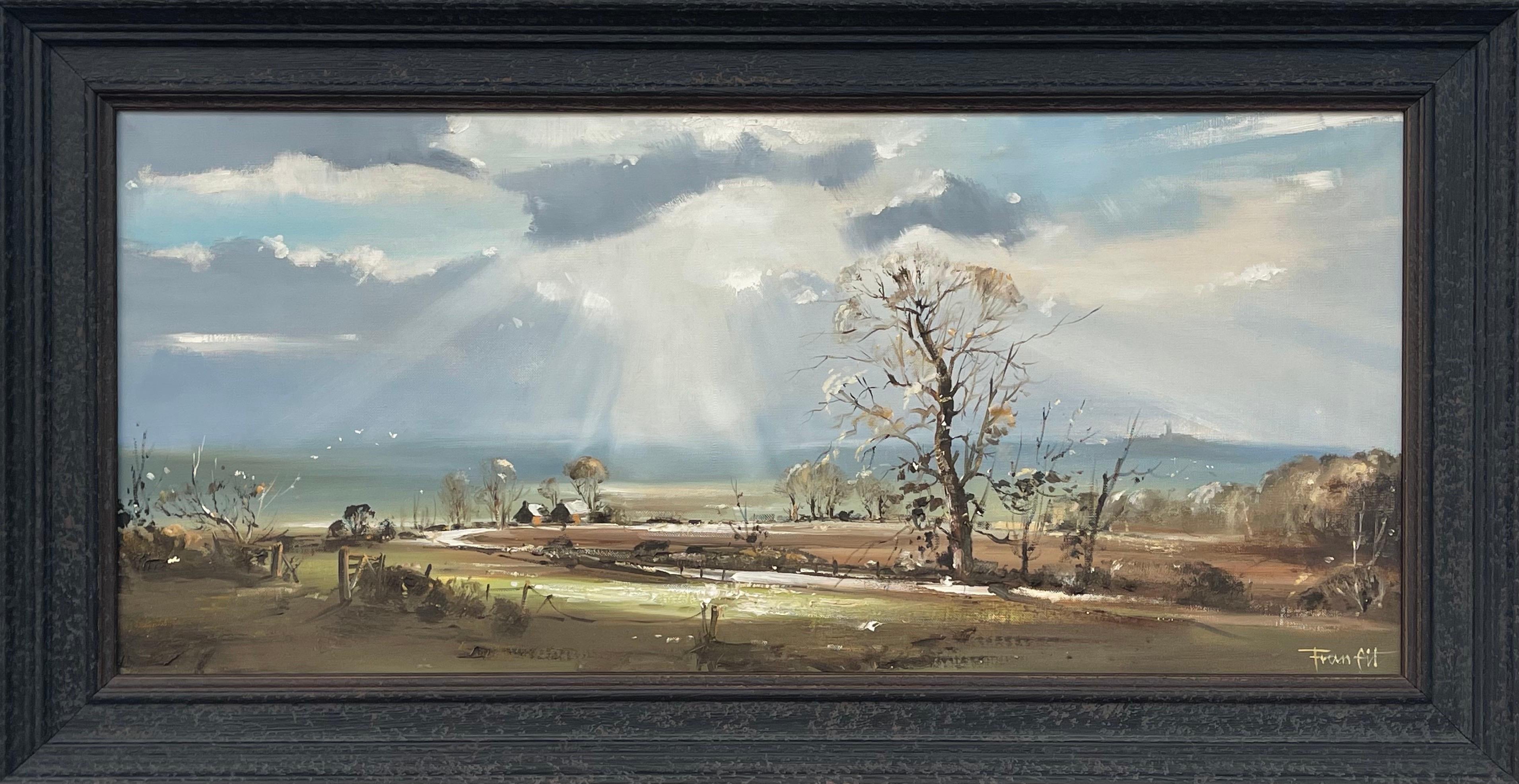 Frank Fitzsimons Landscape Painting - Ireland Landscape with Trees, Buildings & Sun Rays by Contemporary Irish Artist