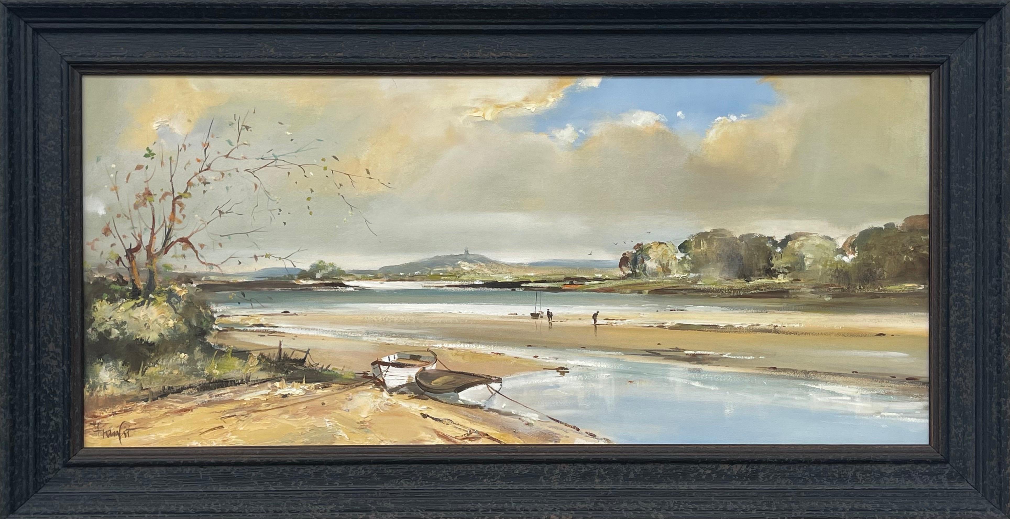 Landscape Painting Frank Fitzsimons - Paysage marin d'Irlande avec bateaux et personnages par un artiste irlandais contemporain