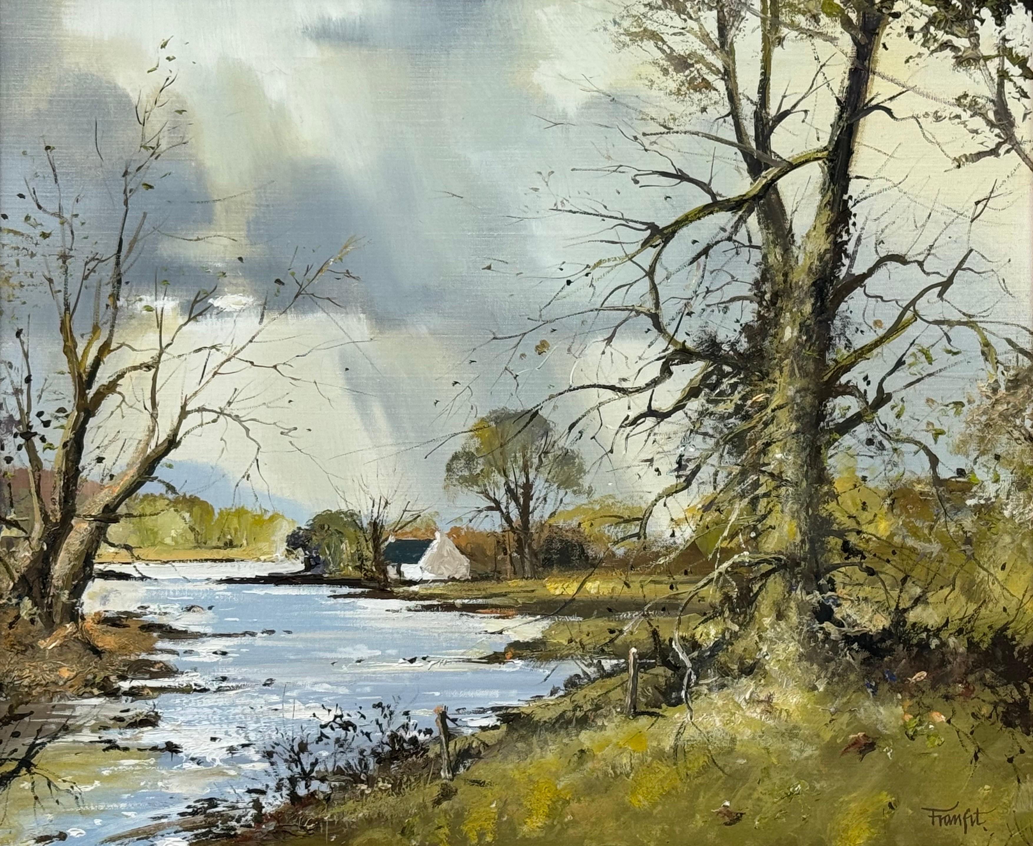 Cottage remoto in un paesaggio fluviale alberato in Irlanda, opera di un artista irlandese moderno - Painting di Frank Fitzsimons