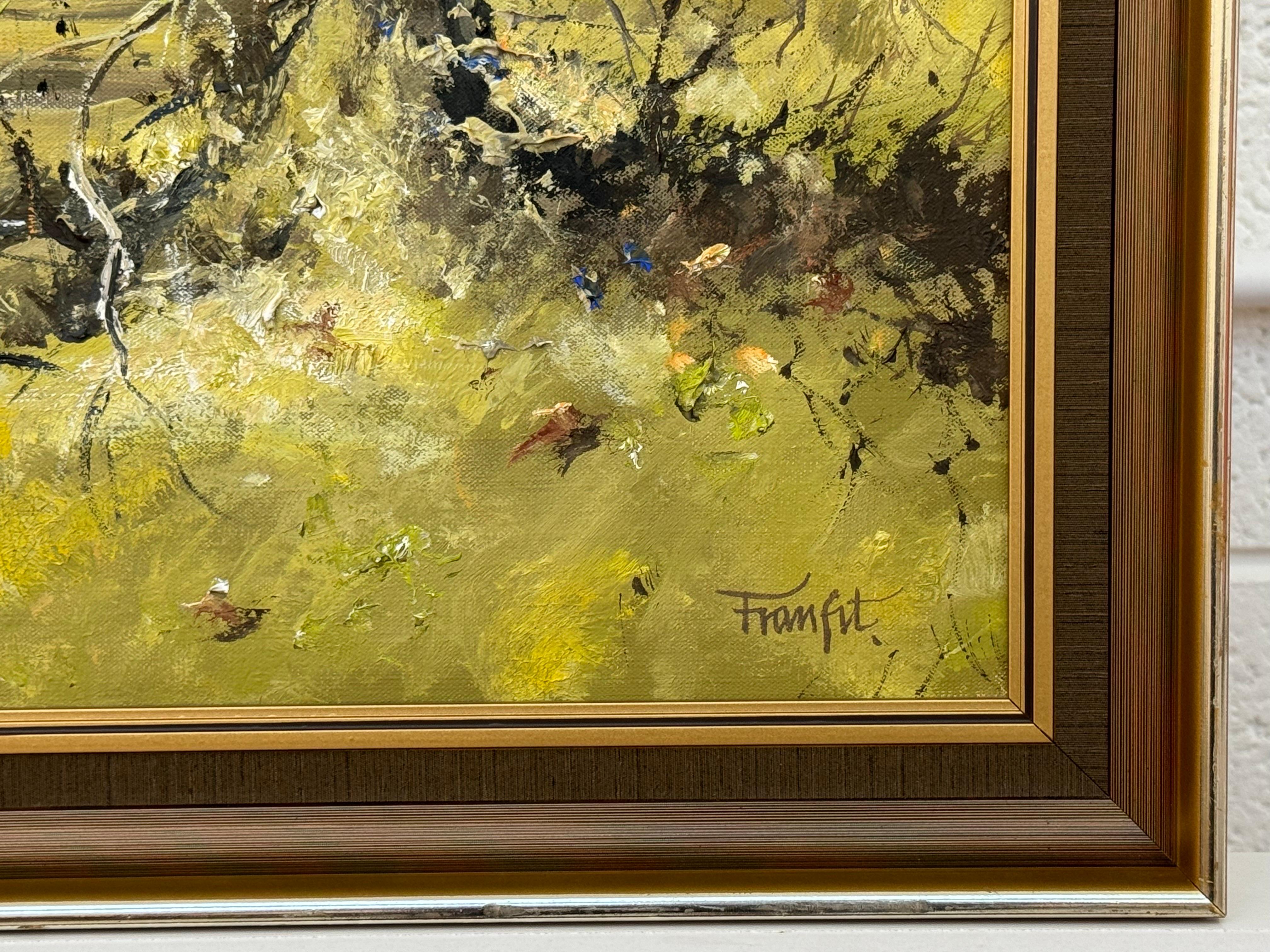 Cottage remoto in un paesaggio fluviale alberato in Irlanda, opera di un artista irlandese moderno - Painting Realismo di Frank Fitzsimons