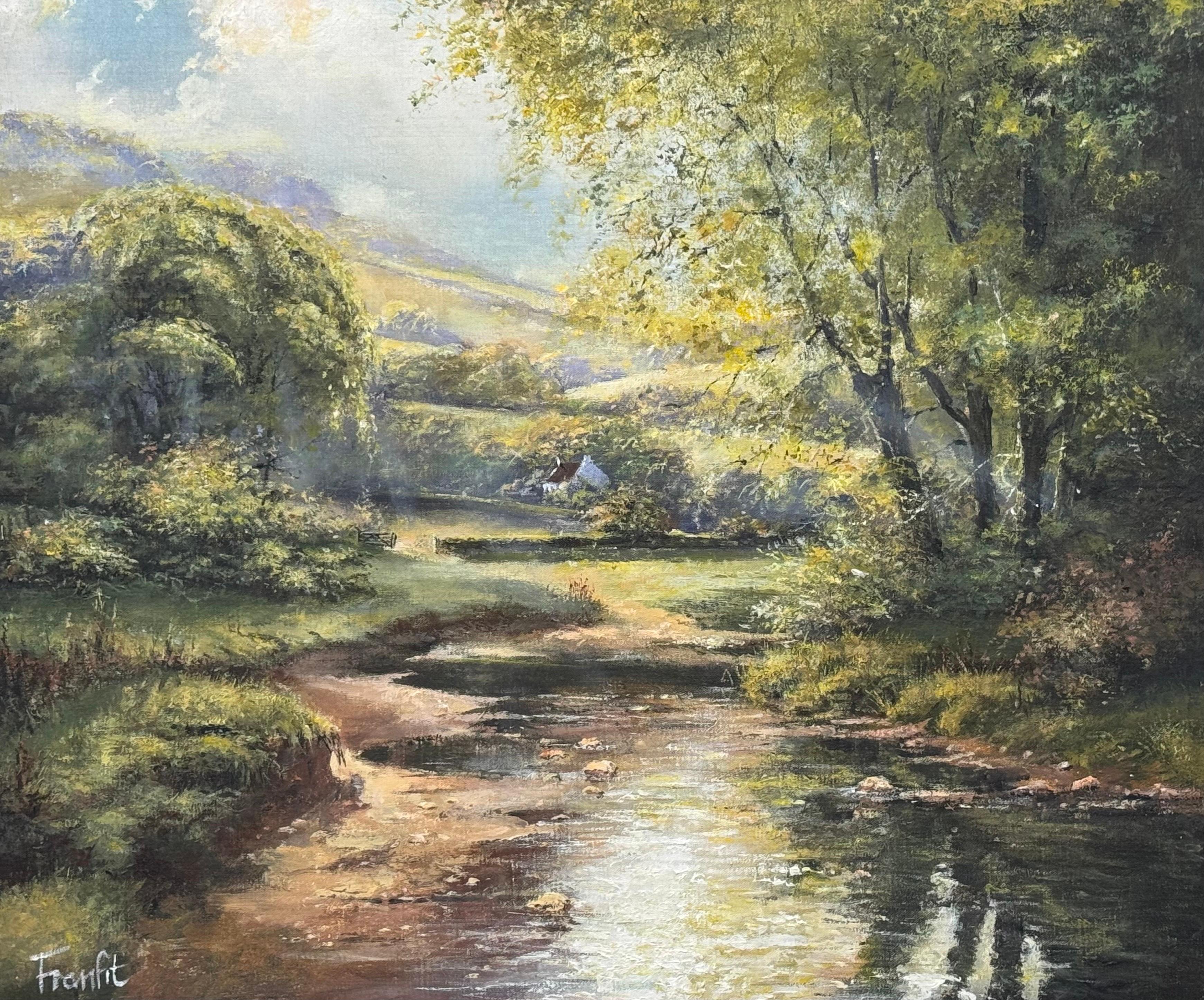 Remote Cottage in einer mit Bäumen gefütterten Flusslandschaft in Irland von moderner irischer Künstlerin im Angebot 1