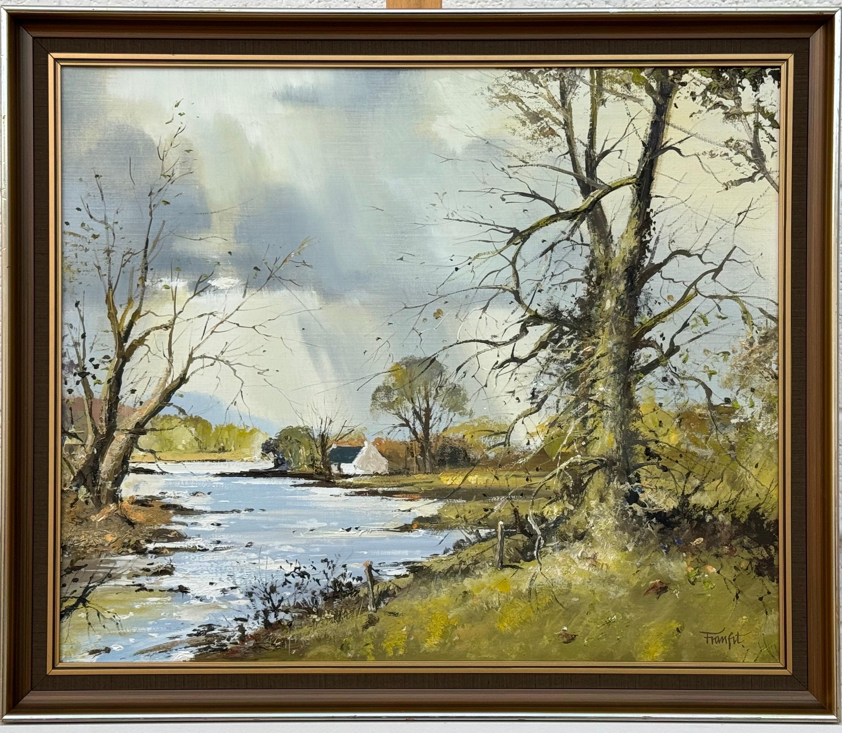 Cottage remoto in un paesaggio fluviale alberato in Irlanda, opera di un artista irlandese moderno 3