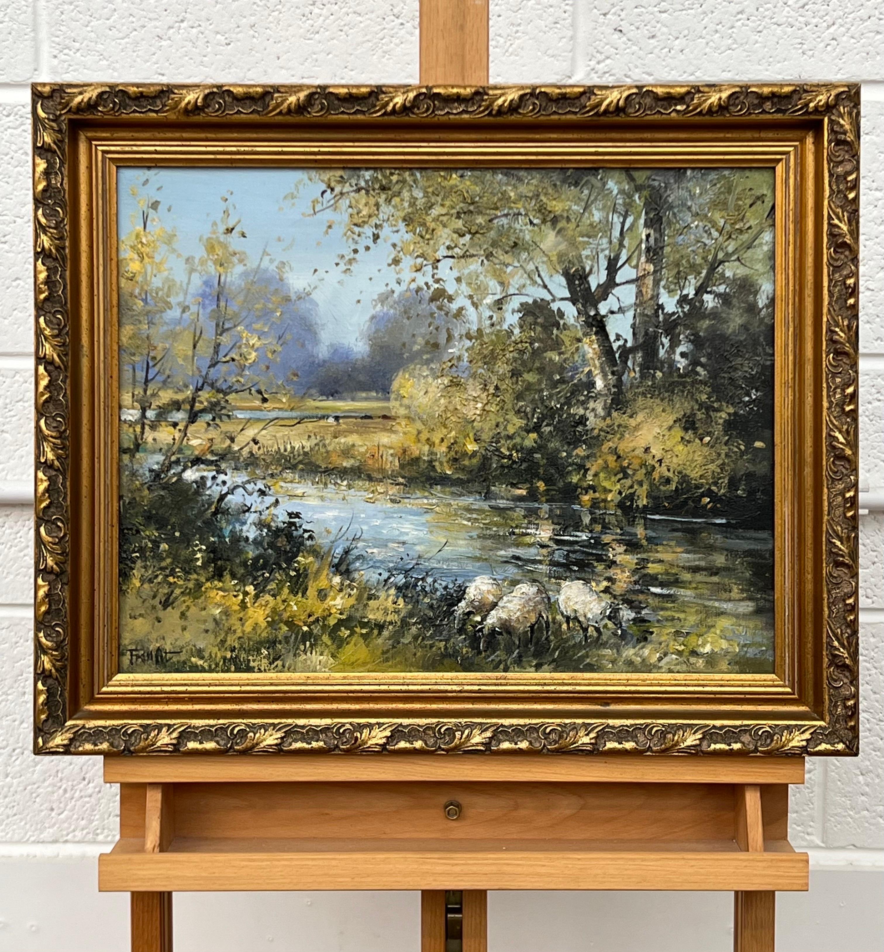 Sheep by an Idyllic Tree Lined River Landscape in Ireland by Modern Irish Artist For Sale 6