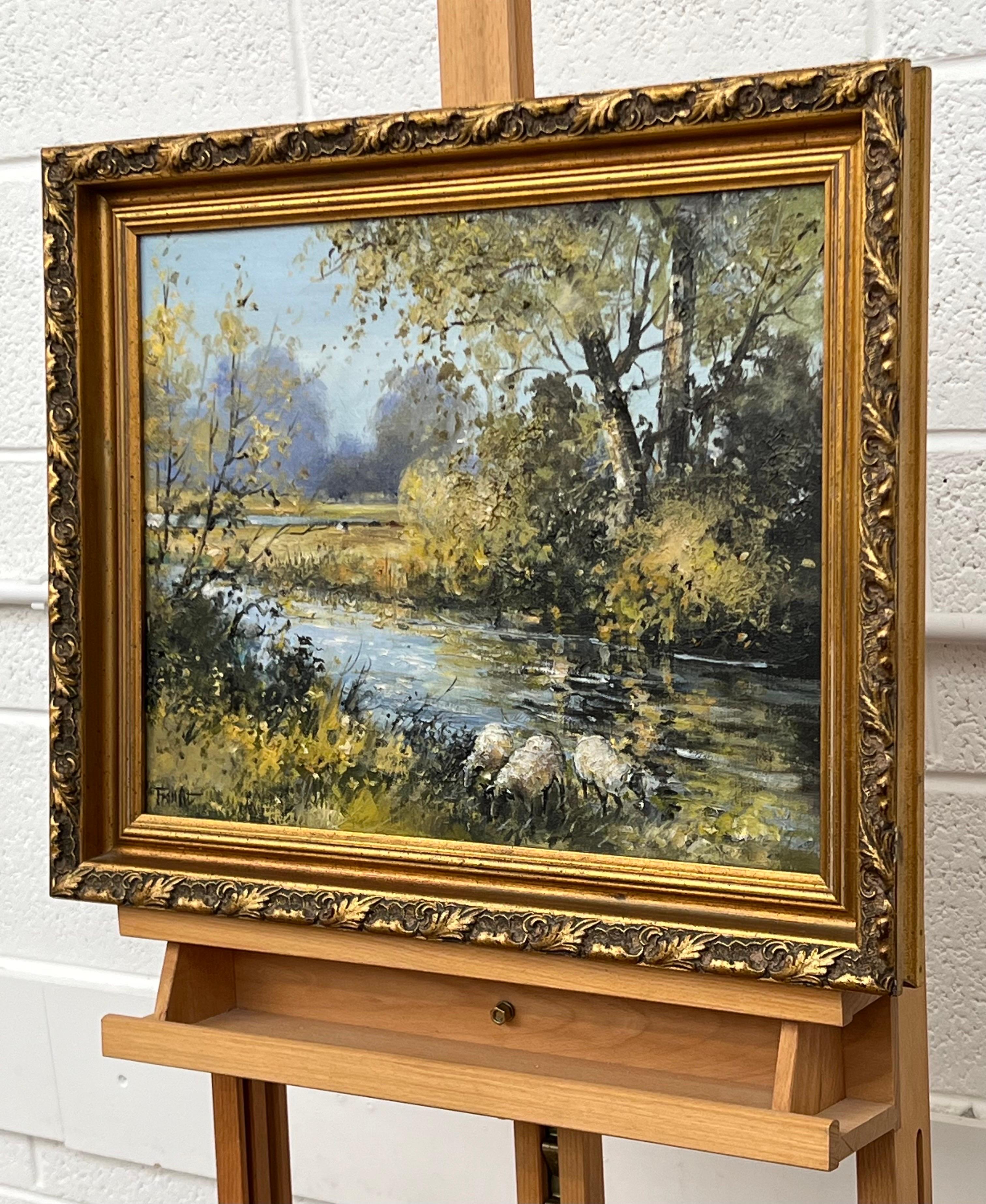 Sheep by an Idyllic Tree Lined River Landscape in Ireland by Modern Irish Artist For Sale 7