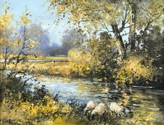 Sheep by an Idyllic Tree Lined River Landscape in Ireland by Modern Irish Artist