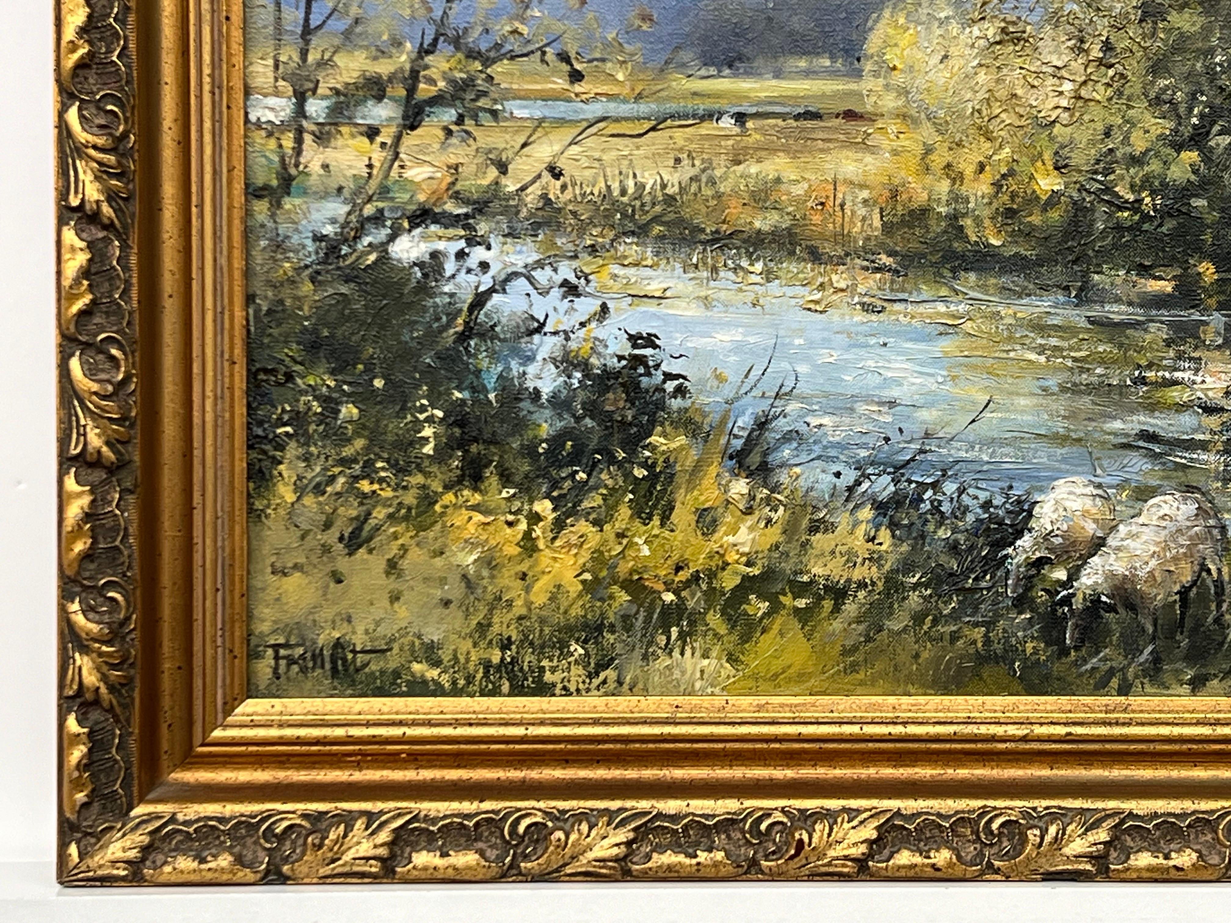 Pecora vicino a un idilliaco paesaggio fluviale alberato in Irlanda, opera di un artista irlandese moderno - Landscape Painting Marrone di Frank Fitzsimons