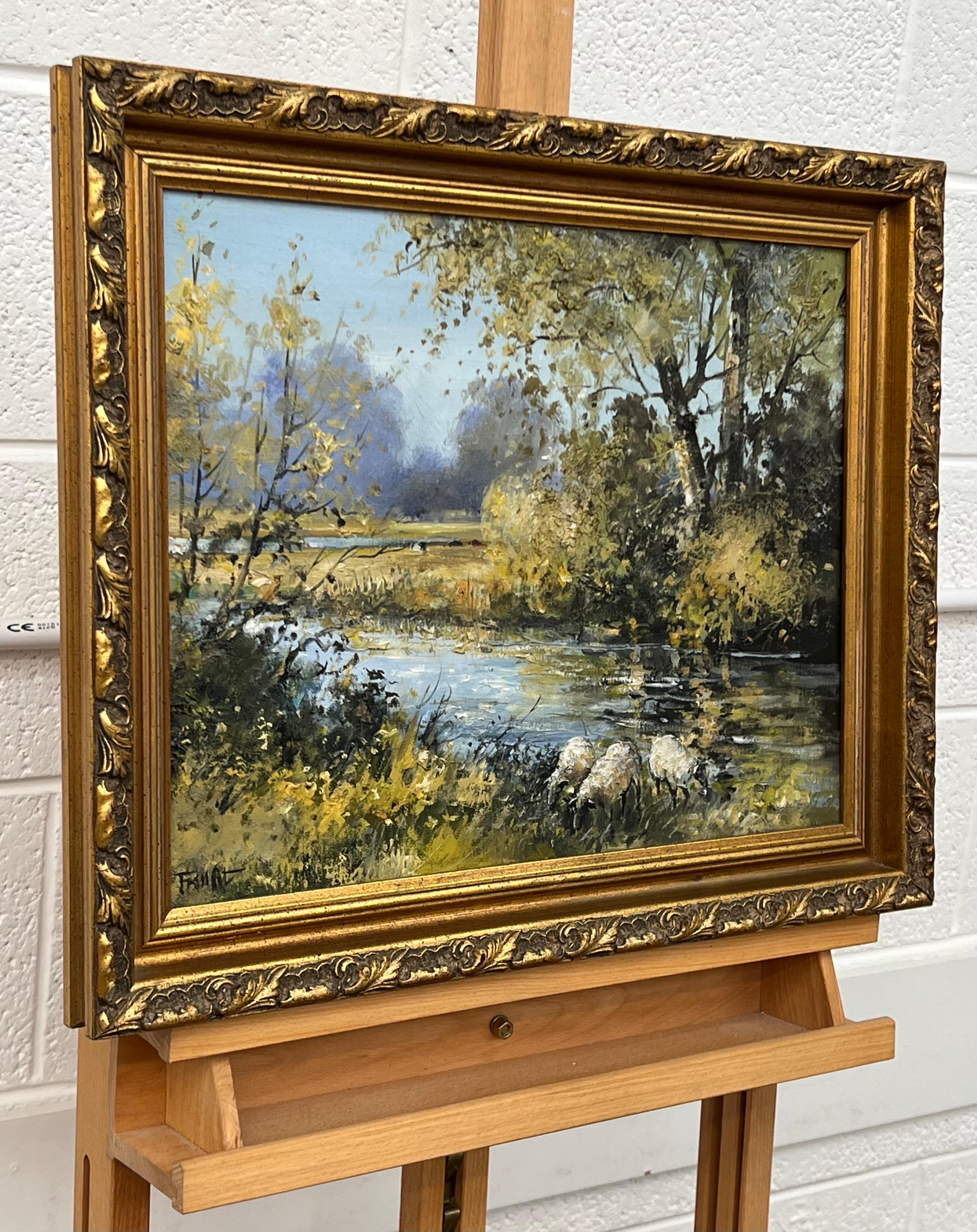 Sheep by an Idyllic Tree Lined River Landscape in Ireland by Modern Irish Artist For Sale 5